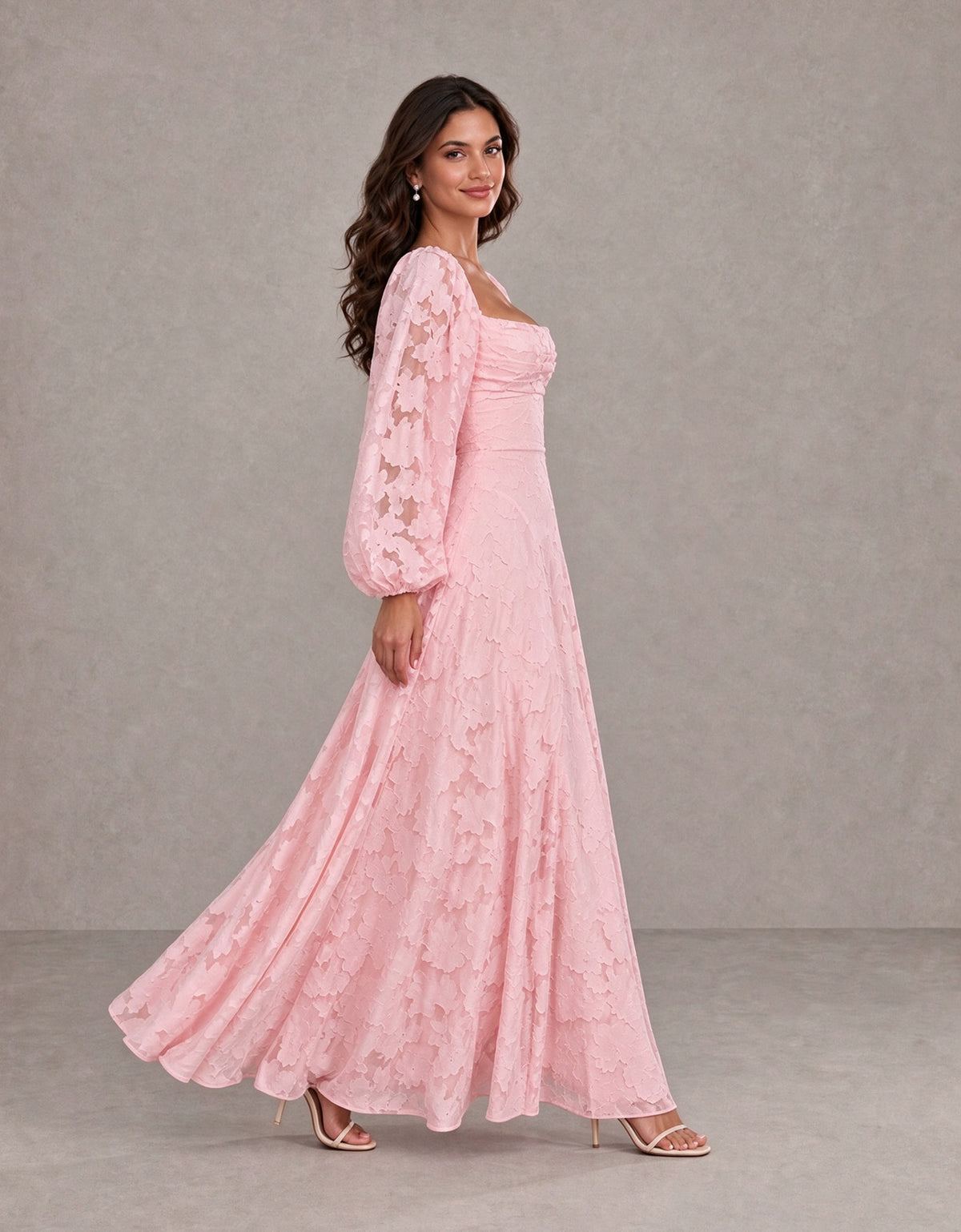 BOLODOO Blush Pink Floral Long Sleeve A-Line Bridesmaid Dress 