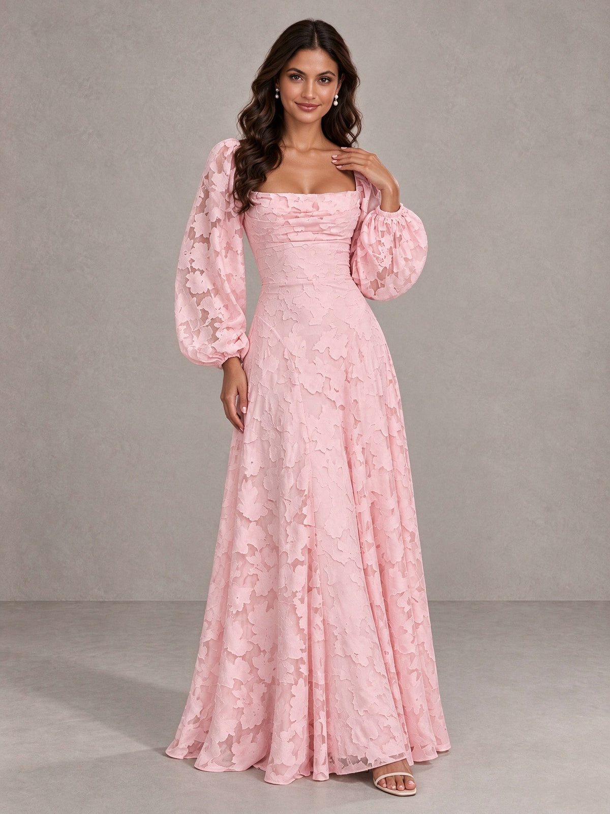 BOLODOO Blush Pink Floral Long Sleeve A-Line Bridesmaid Dress 