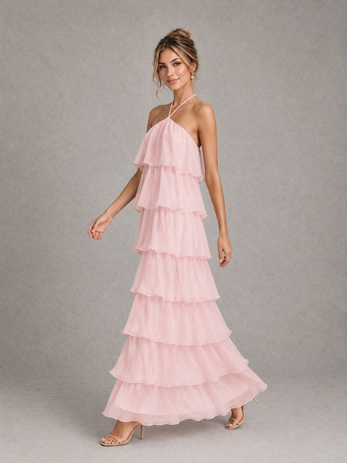 BOLODOO Blush Pink Halter Tiered Ruffle Maxi Bridesmaid Dress 