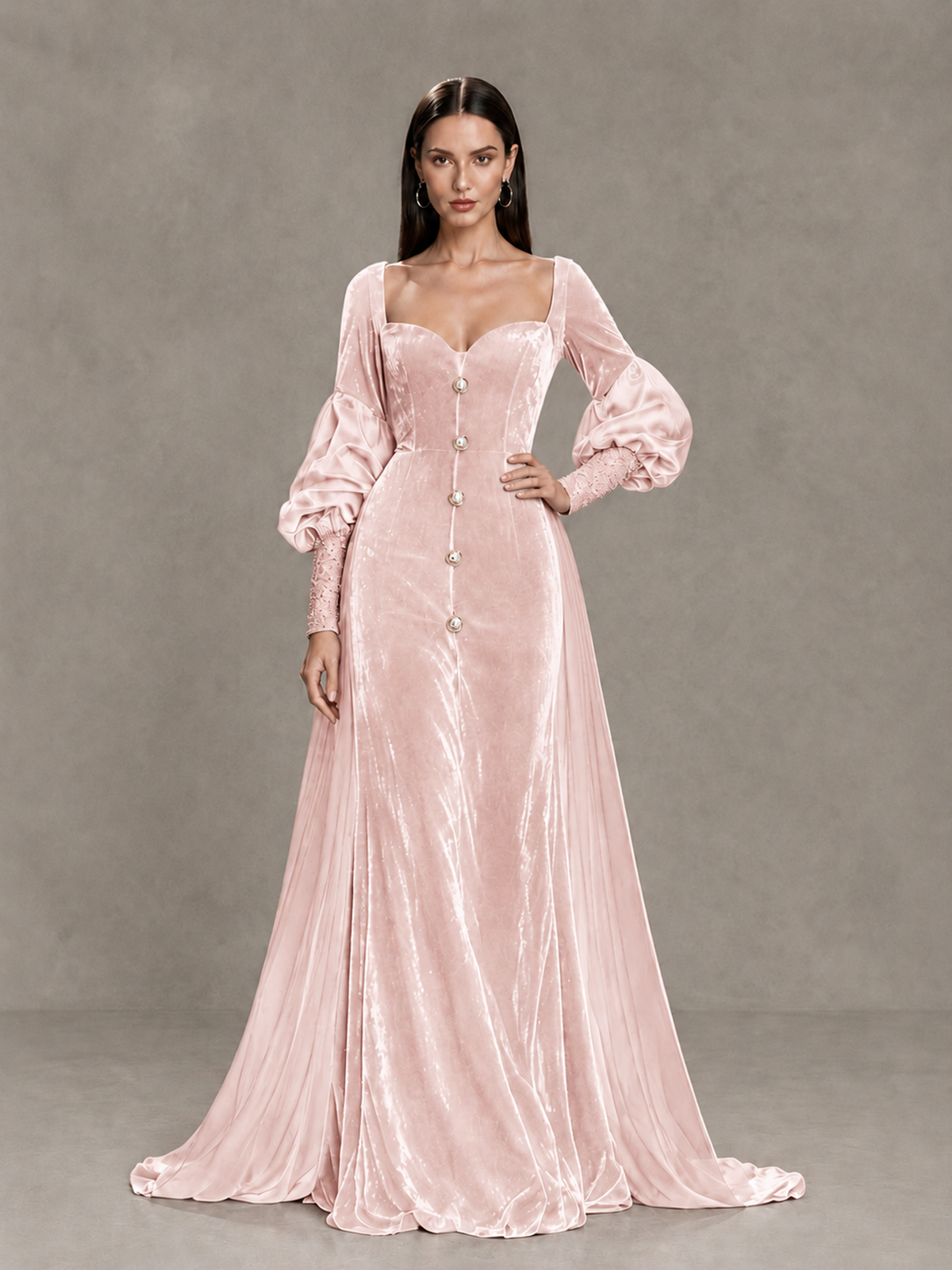 BOLODOO Blush Pink Velvet Long Sleeve Open-Back Evening Gown 