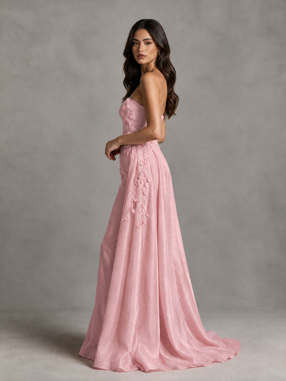 BOLODOO Blush Pink Strapless Floral Applique Prom Dress with Overskirt 