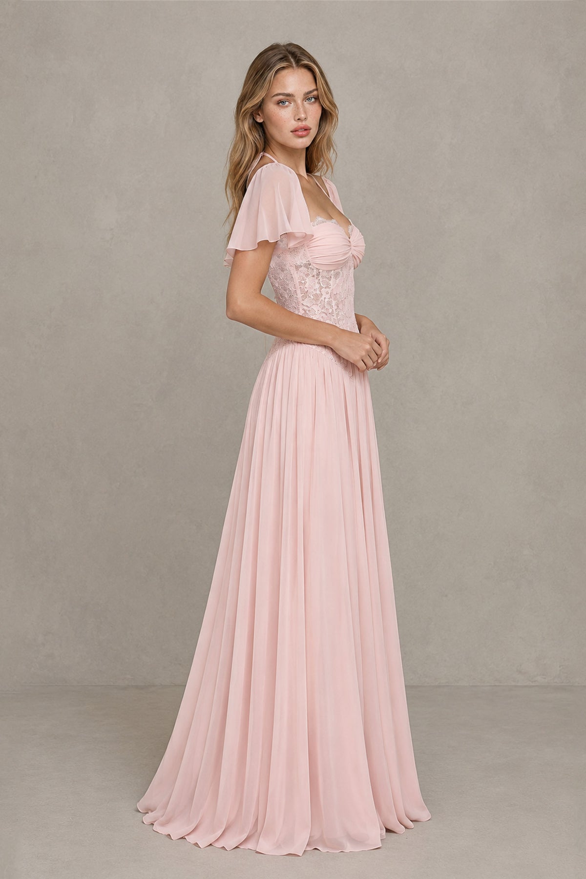 BOLODOO Blush Pink Flutter Sleeve Lace Corset A-Line Maxi Dress 