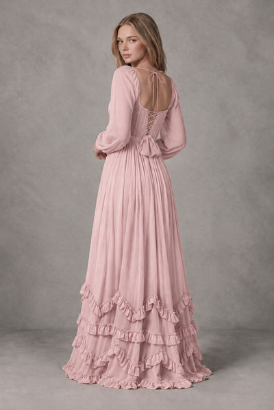 Blush Pink Long-Sleeve Ruffle Maxi Dress with Lace-Up Back and Slit 