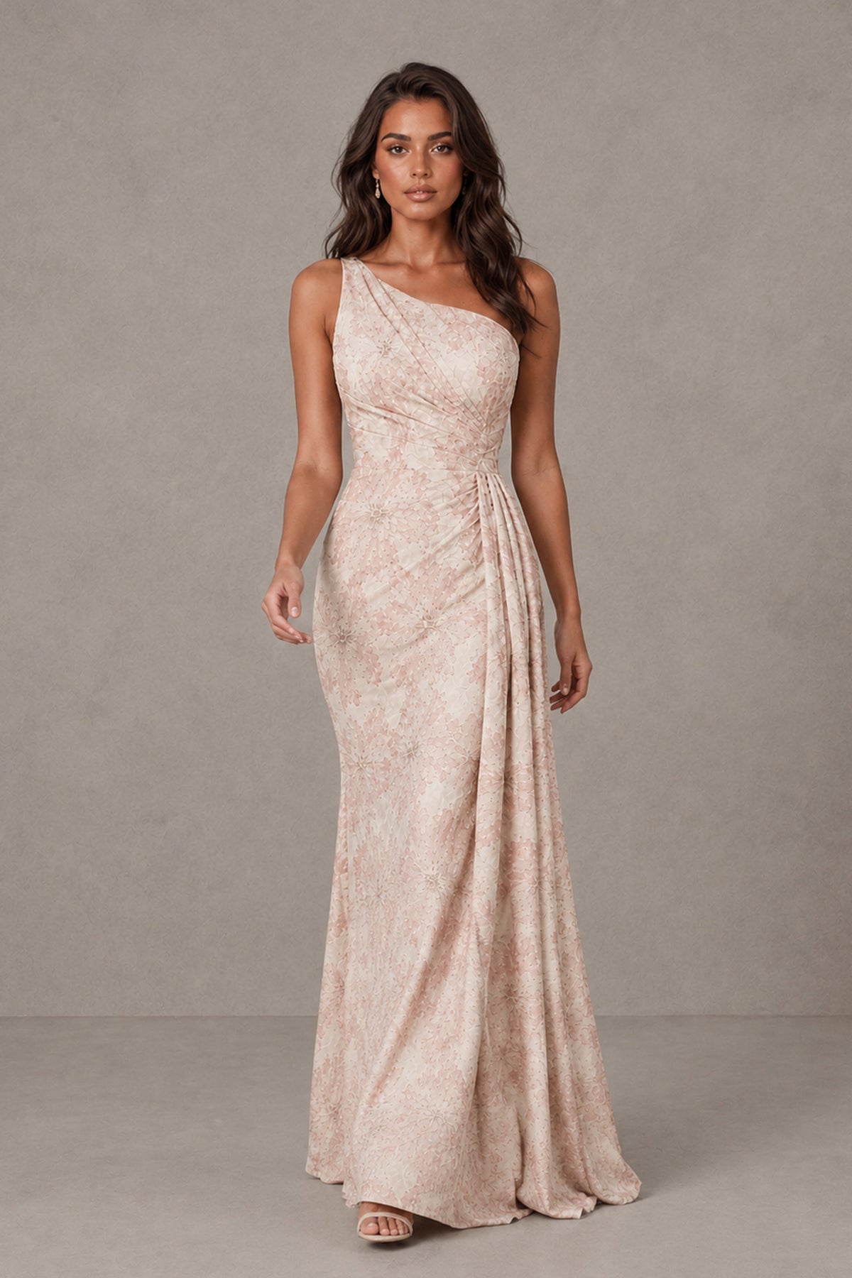 BOLODOO Blush PInk One-Shoulder Textured Formal Gown - Blush PInk