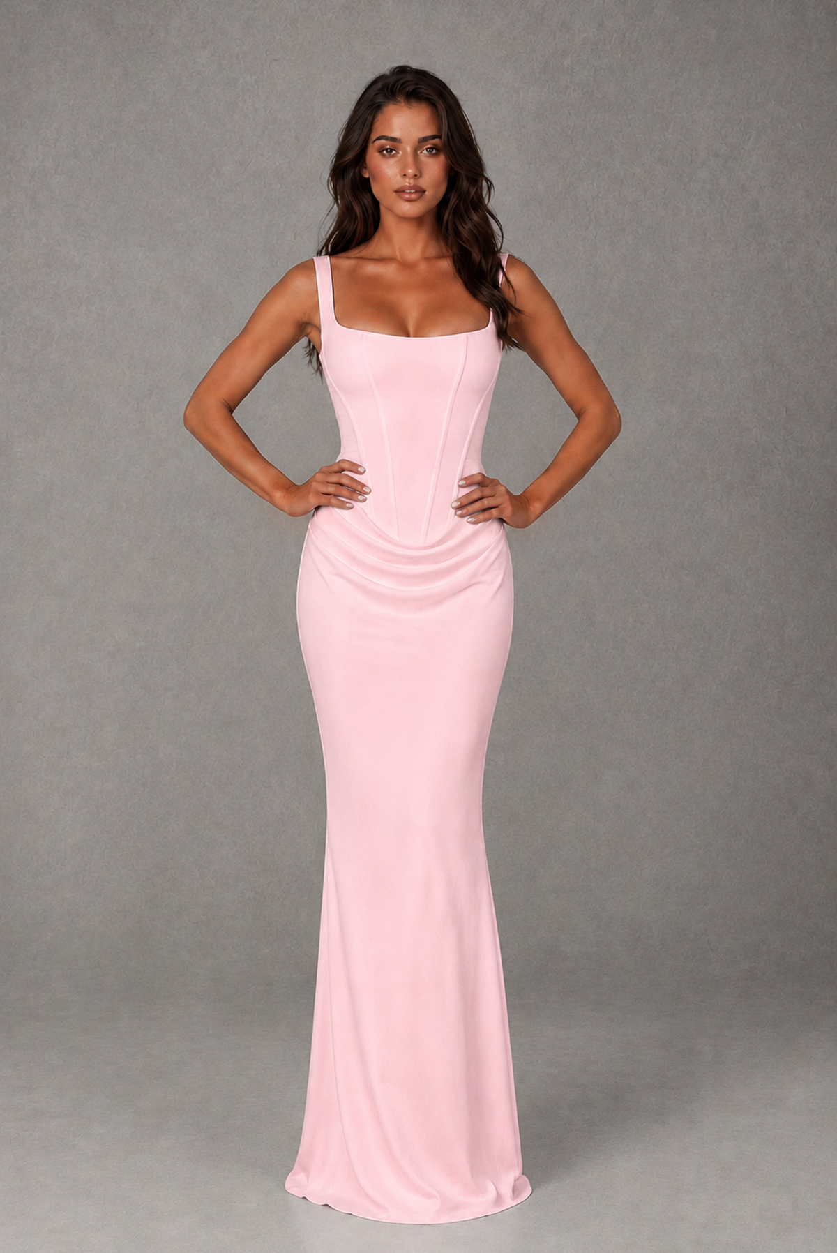 BOLODOO Blush Pink Square-Neck Lace-Up Back Bridesmaid Dress 