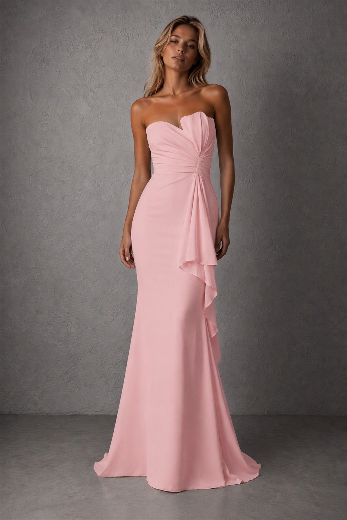 BOLODOO Blush Pink Strapless Sweetheart Ruched Mermaid Gown | Cascade Drape Formal Evening Dress - Blush Pink