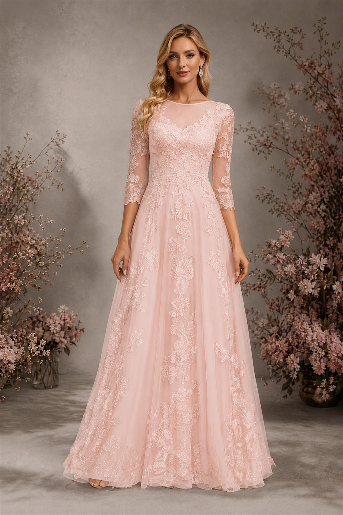 BOLODOO Blush Pink Sequin Lace 3/4 Sleeve Open Back Formal Evening Gown - Blush Pink