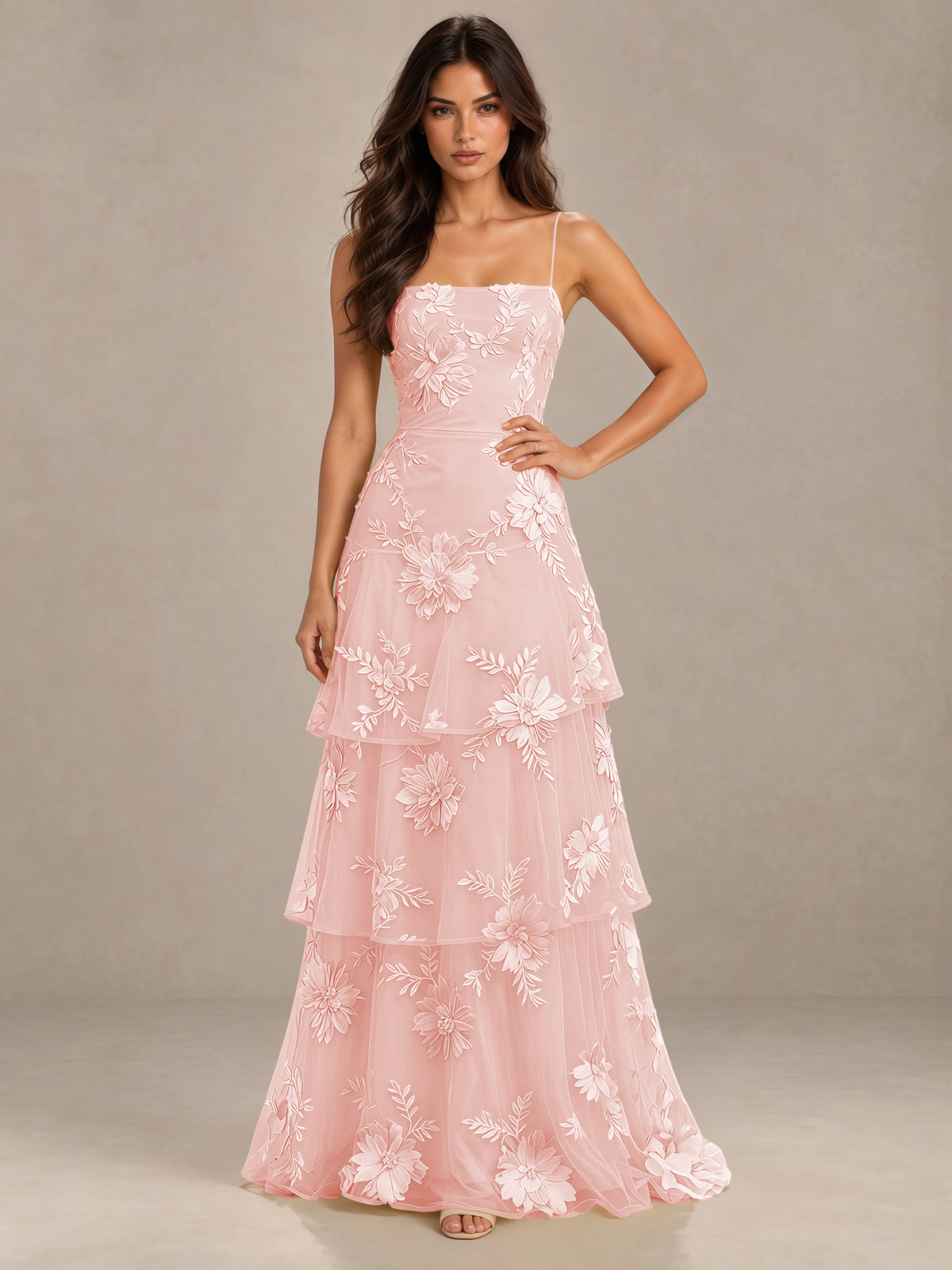 BOLODOO Blush Pink Floral Applique Tiered Prom Dress with Lace-Up Back - Blush Pink - Blush Pink-1