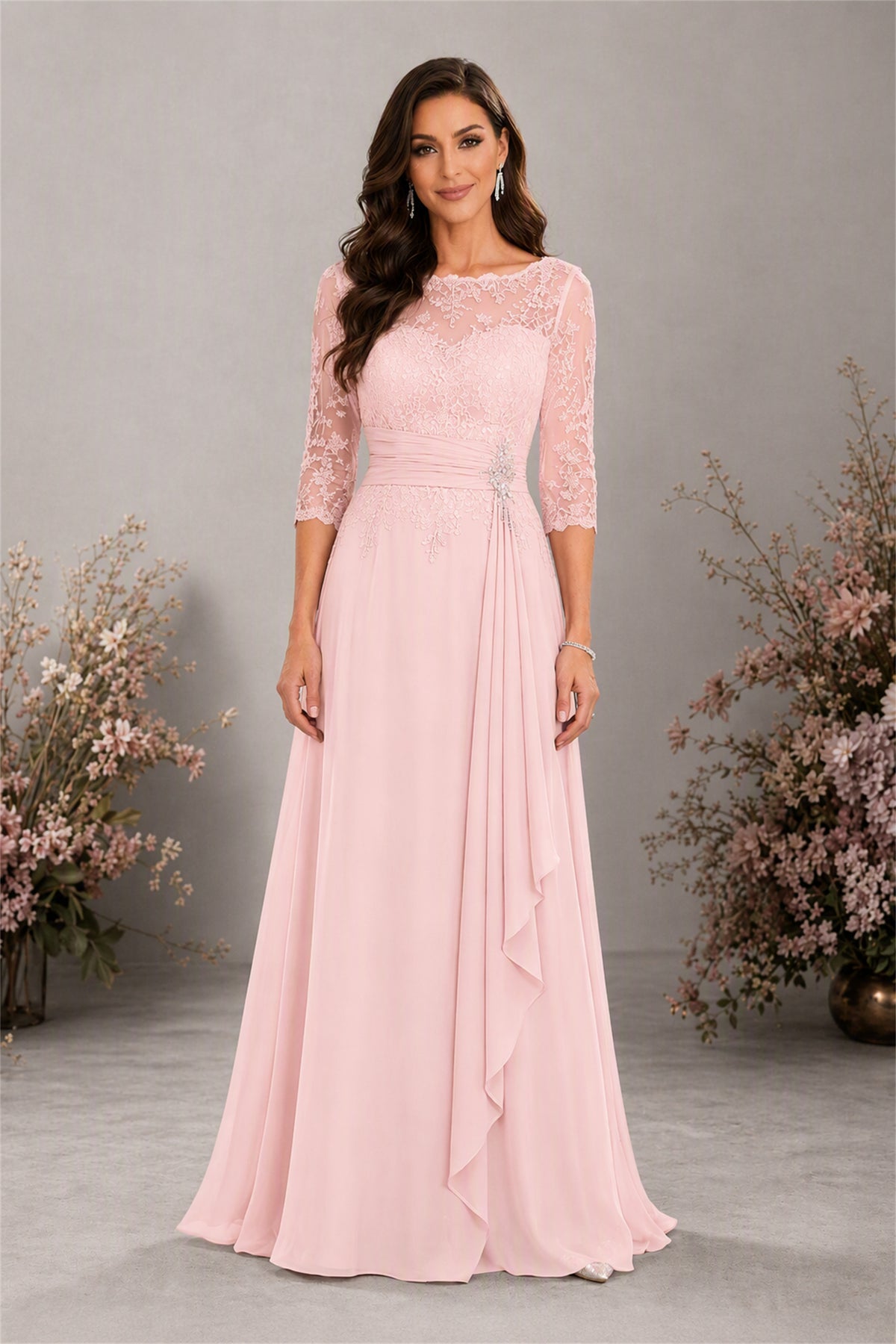 BOLODOO Blush Pink Chiffon Lace 3/4 Sleeve Floor Length Formal Evening Gown - Blush Pink