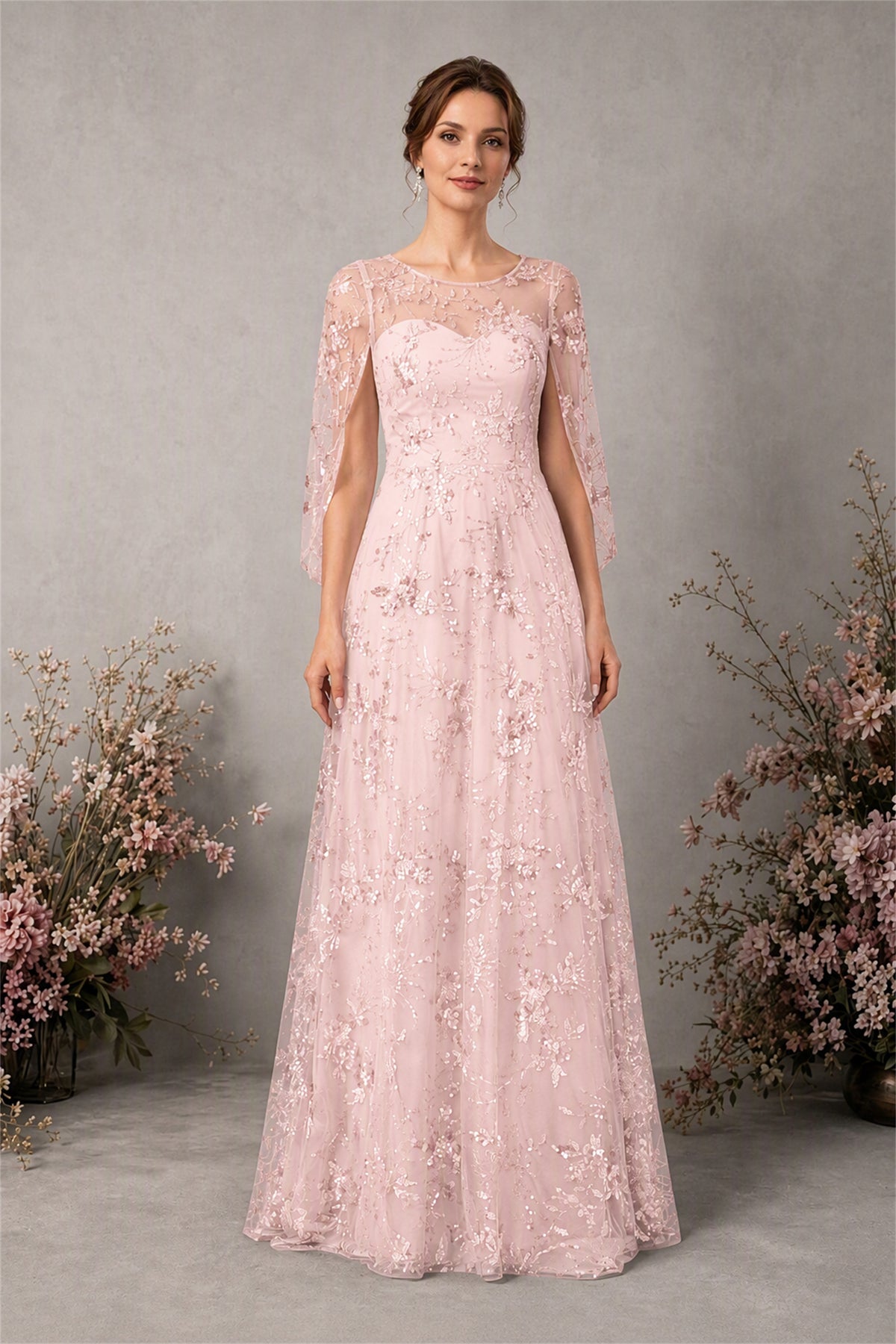 BOLODOO Blush Pink Sequin Lace Cape Sleeve Formal Evening Gown - Blush Pink