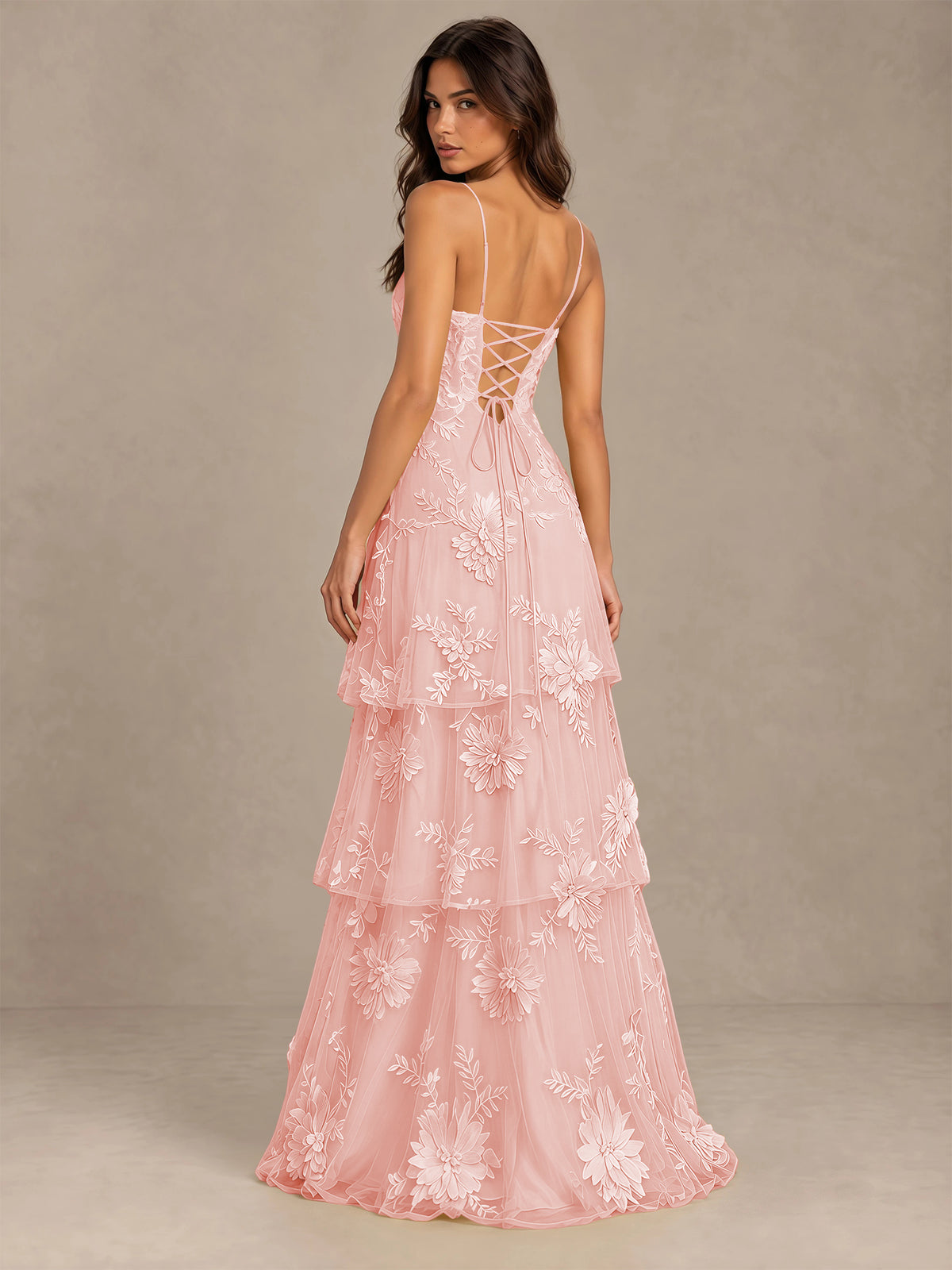 BOLODOO Blush Pink Floral Applique Tiered Prom Dress with Lace-Up Back - Blush Pink - Blush Pink-2