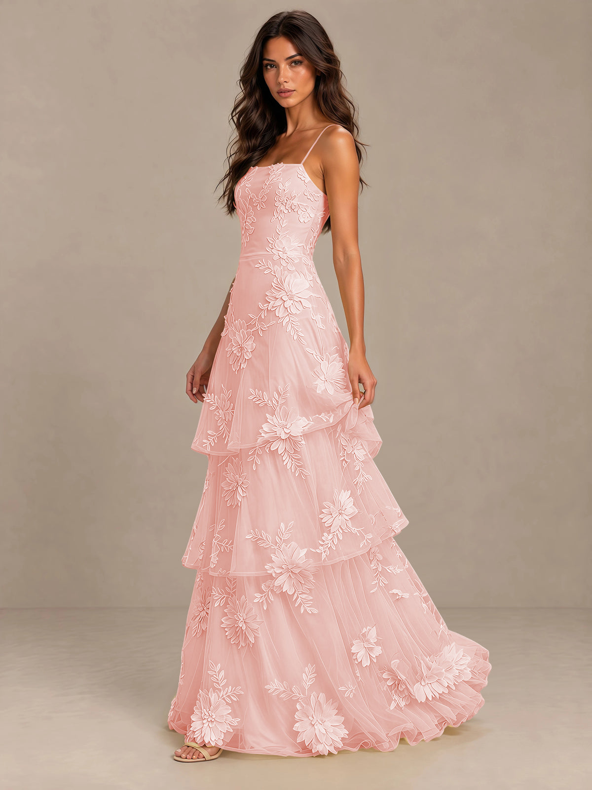 BOLODOO Blush Pink Floral Applique Tiered Prom Dress with Lace-Up Back - Blush Pink - Blush Pink-3