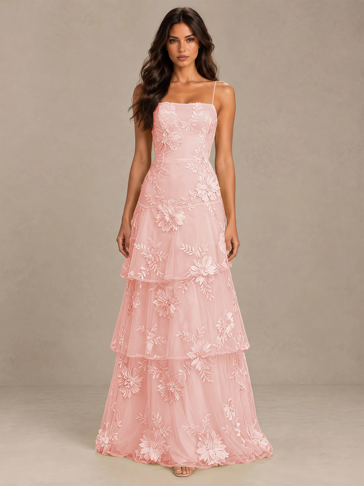 BOLODOO Blush Pink Floral Applique Tiered Prom Dress with Lace-Up Back - Blush Pink - Blush Pink-4