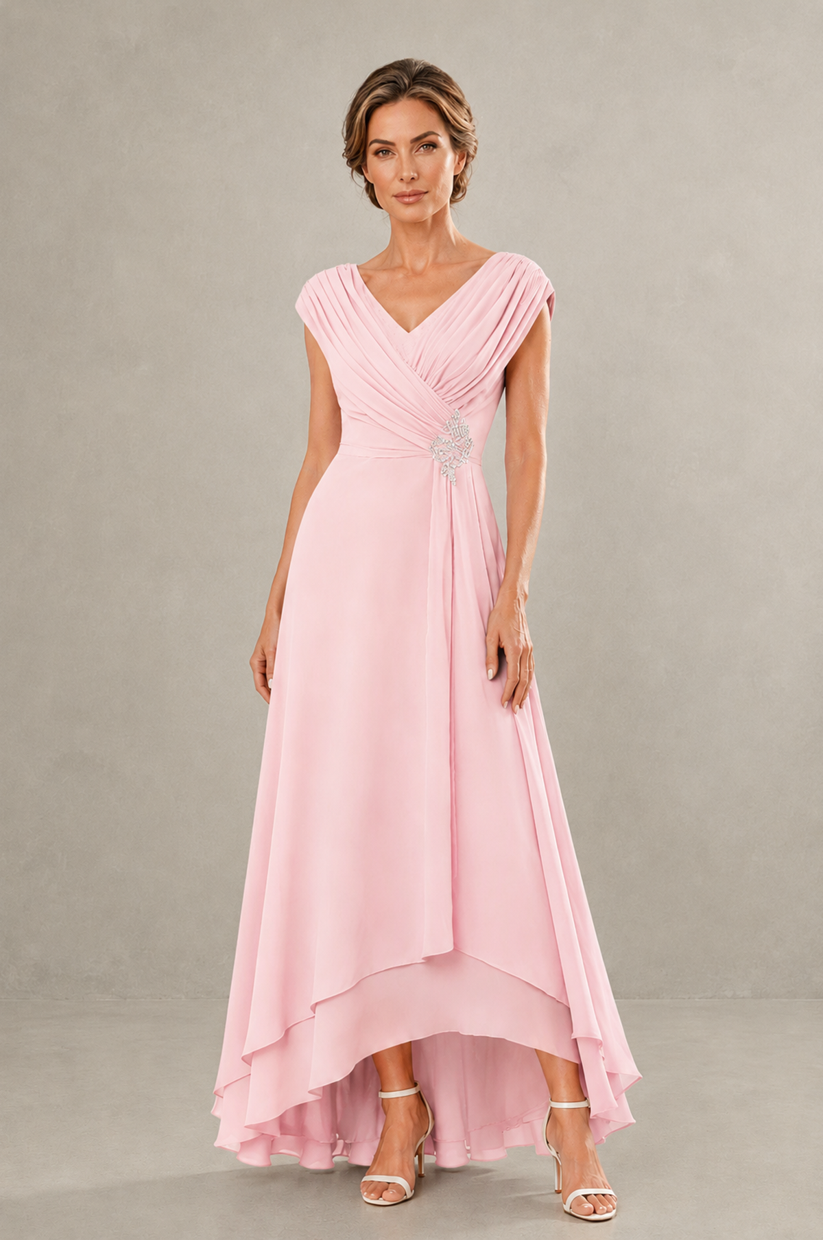 BOLODOO Blush Pink V-Neck High-Low Mother of the Bride Dress - Blush Pink - Blush Pink_01