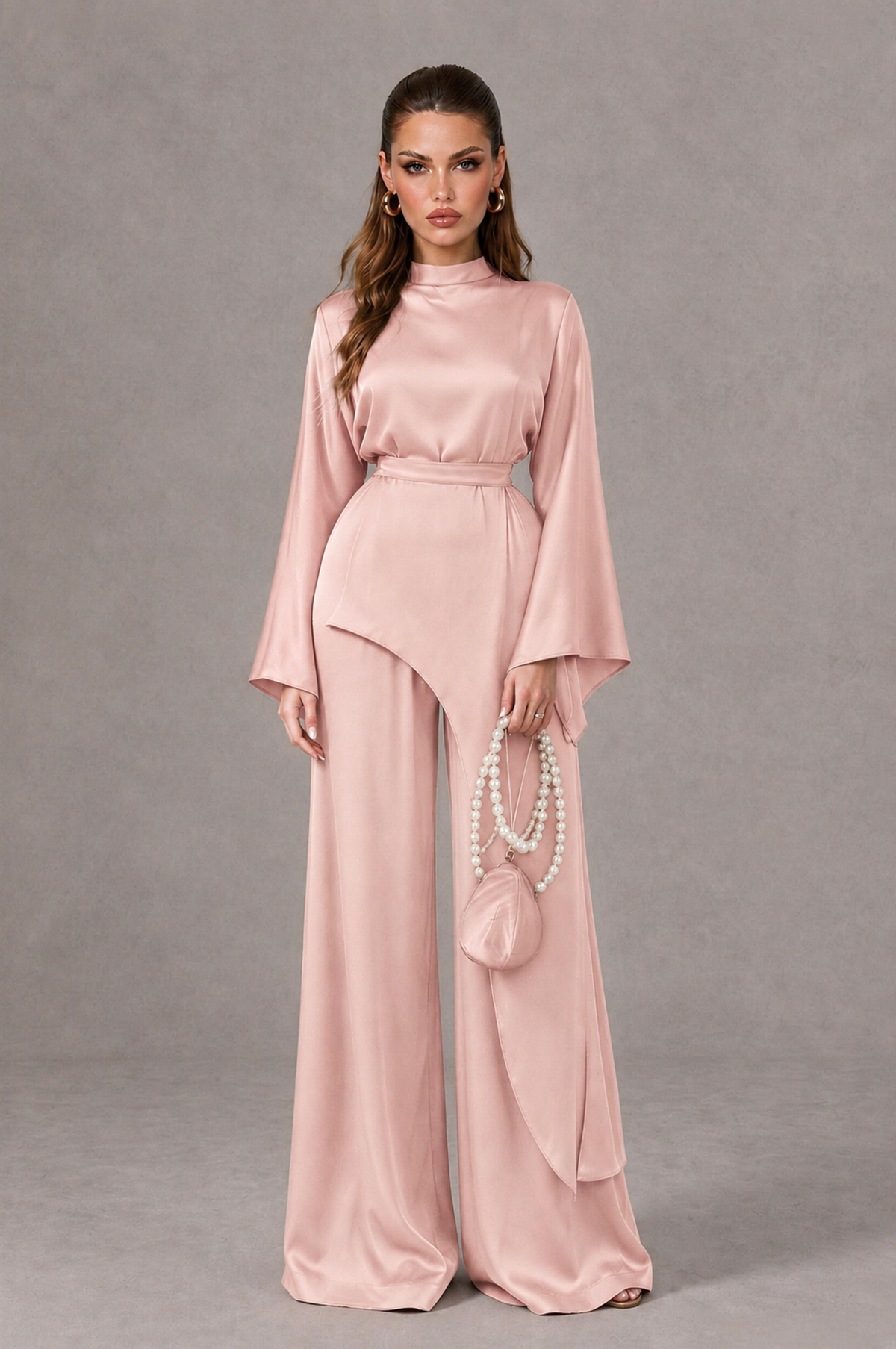 BOLODOO Blush Pink Satin-Look Long Sleeve Wide-Leg Jumpsuit - Blush Pink - Blush Pink_01