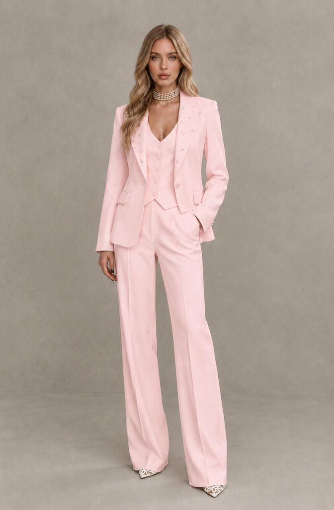 BOLODOO Blush Pink Women's Three-Piece Pantsuit with Blazer & Vest - Blush Pink - Blush Pink_01