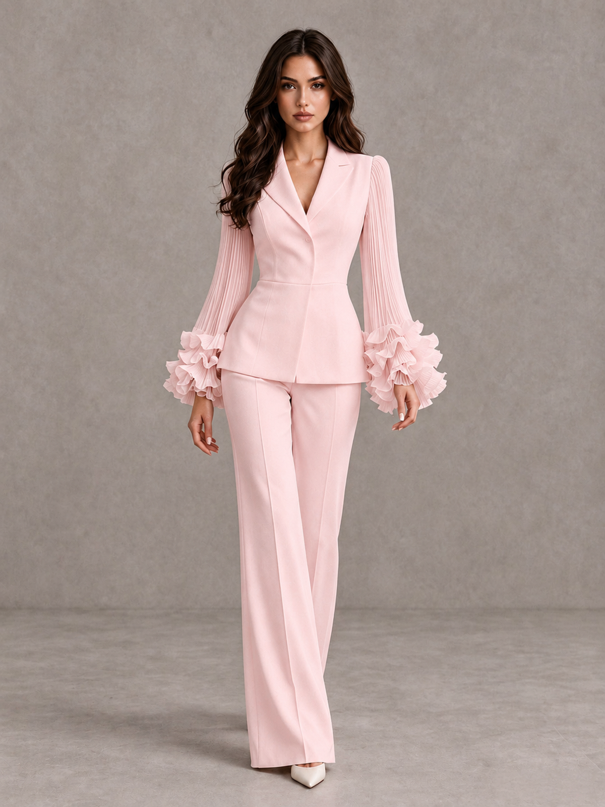 BOLODOO Blush Pink Mother of the Bride Pant Suit – Pleated Long Sleeve Ruffle Cuff Wide Leg Trouser Suit - Blush Pink - Blush Pink_01