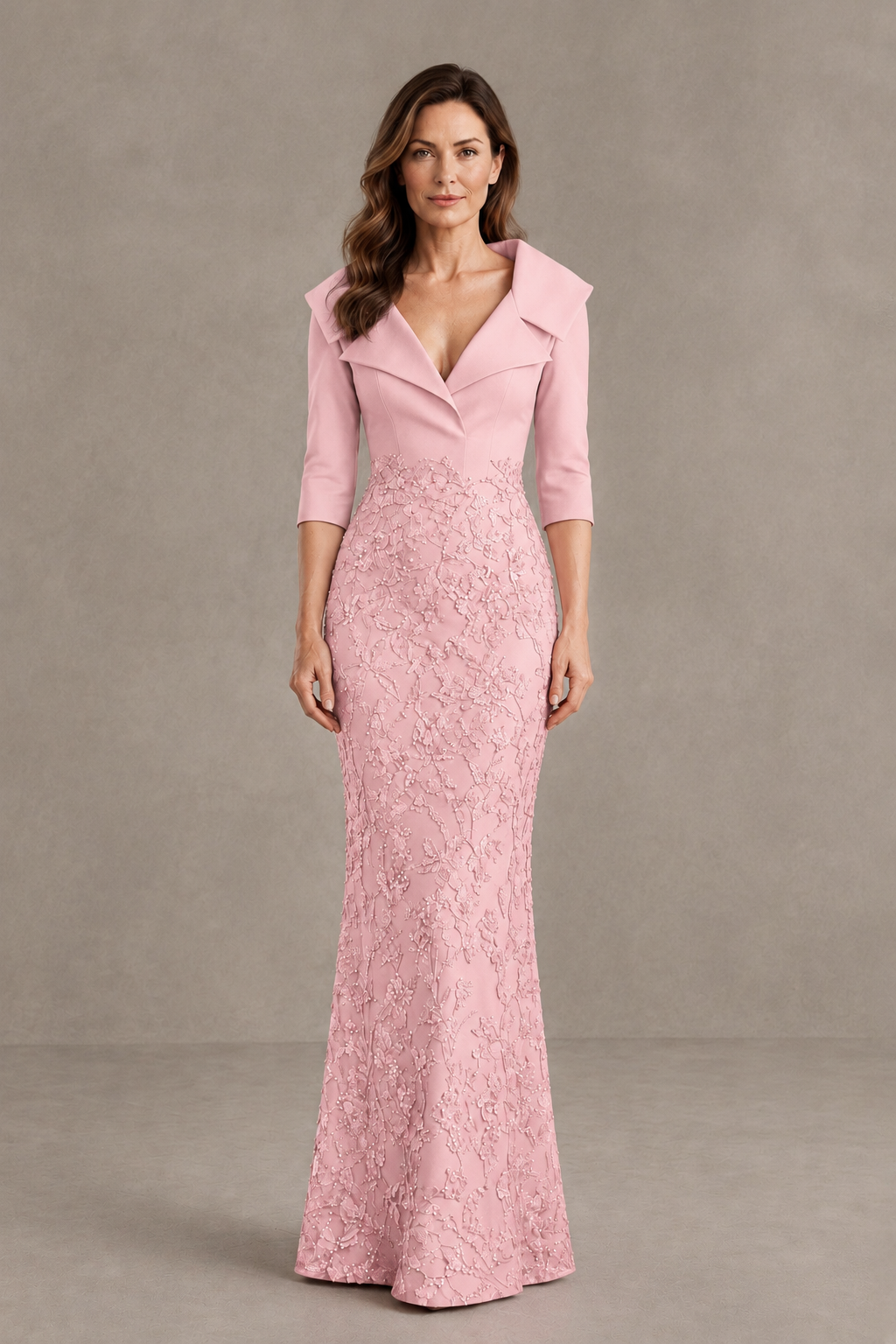 BOLODOO Blush Pink Three-Quarter Sleeve Mermaid Evening Dress with Floral Detail - Blush Pink - Blush Pink_01