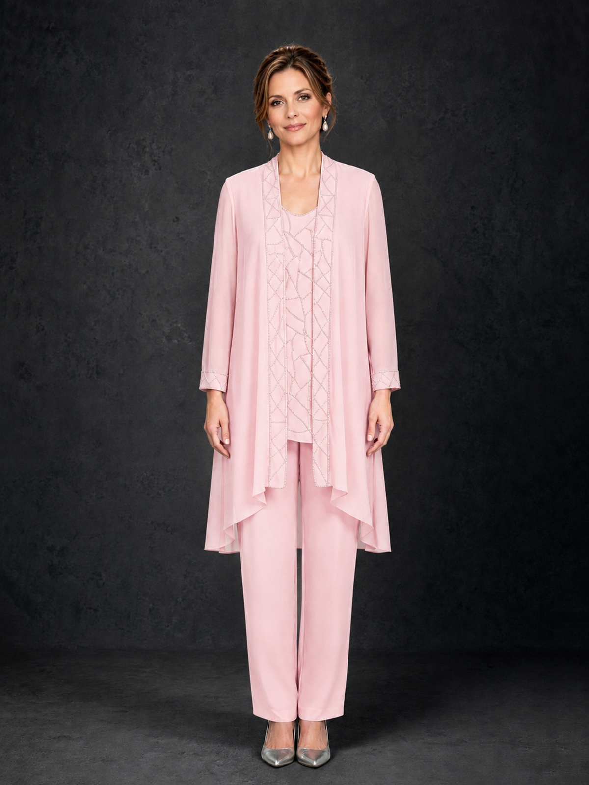 BOLODOO Blush Pink 3-Piece Beaded Chiffon Duster Jacket Pant Suit - Blush Pink - Blush Pink_01