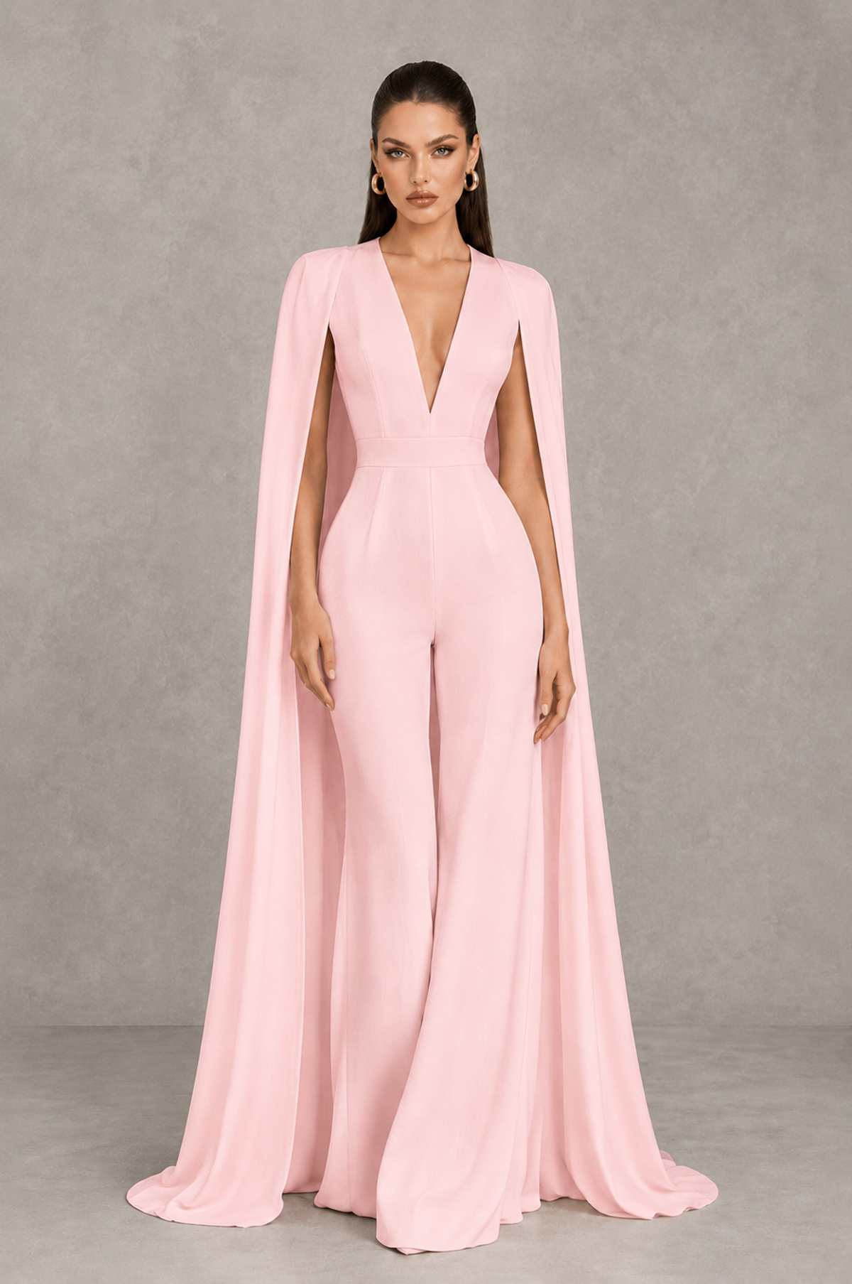 BOLODOO Blush Pink Deep V-Neck Cape Sleeve Bridal Jumpsuit - Blush Pink - Blush Pink_01