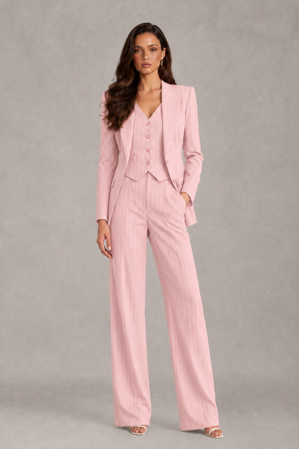 BOLODOO Women's Blush Pink Pinstripe Three-Piece Pantsuit with Wide-Leg Trousers - Blush Pink - Blush Pink_01