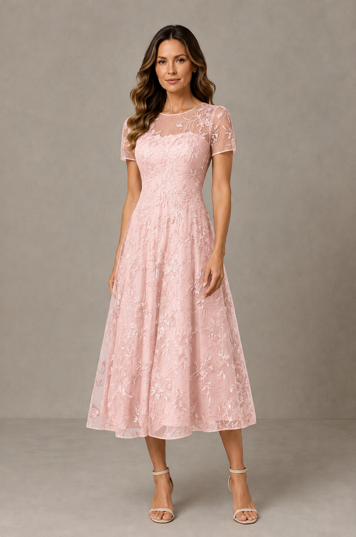 BOLODOO Blush Pink Textured Floral A-Line Dress with Short Sleeves - Blush Pink - Blush Pink_01