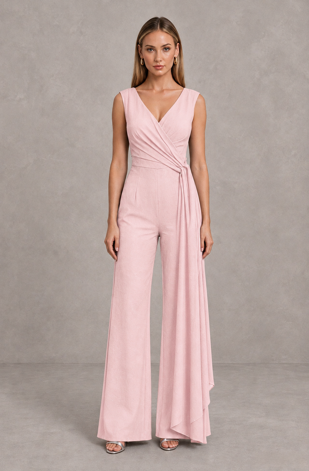 BOLODOO Blush Pink Sleeveless V-Neck Wide-Leg Jumpsuit with Side Drape - Blush Pink - Blush Pink_01