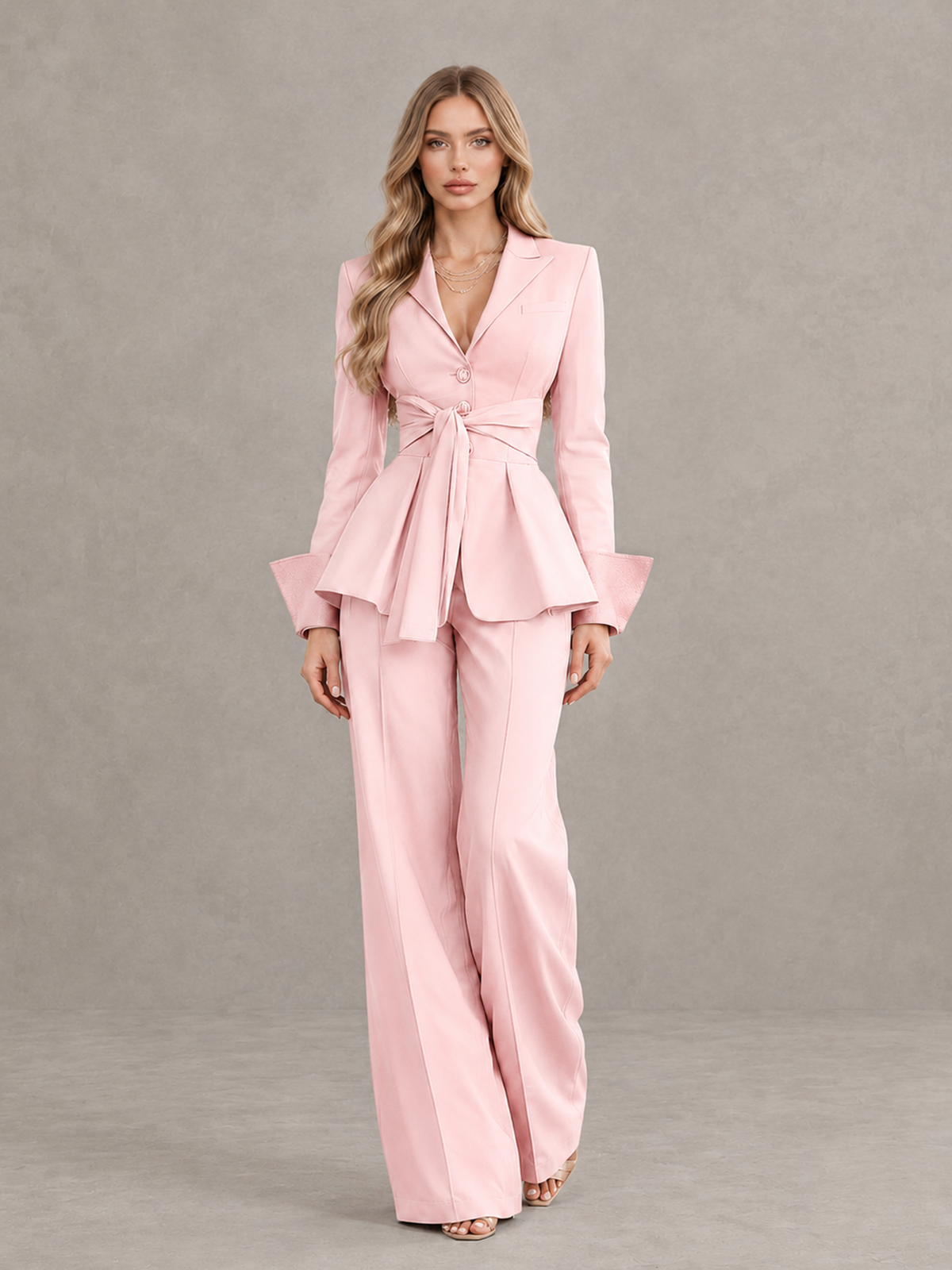 BOLODOO Blush Pink Belted Peplum Pantsuit with Long Sleeves & Wide-Leg Trousers - Blush Pink - Blush Pink_01