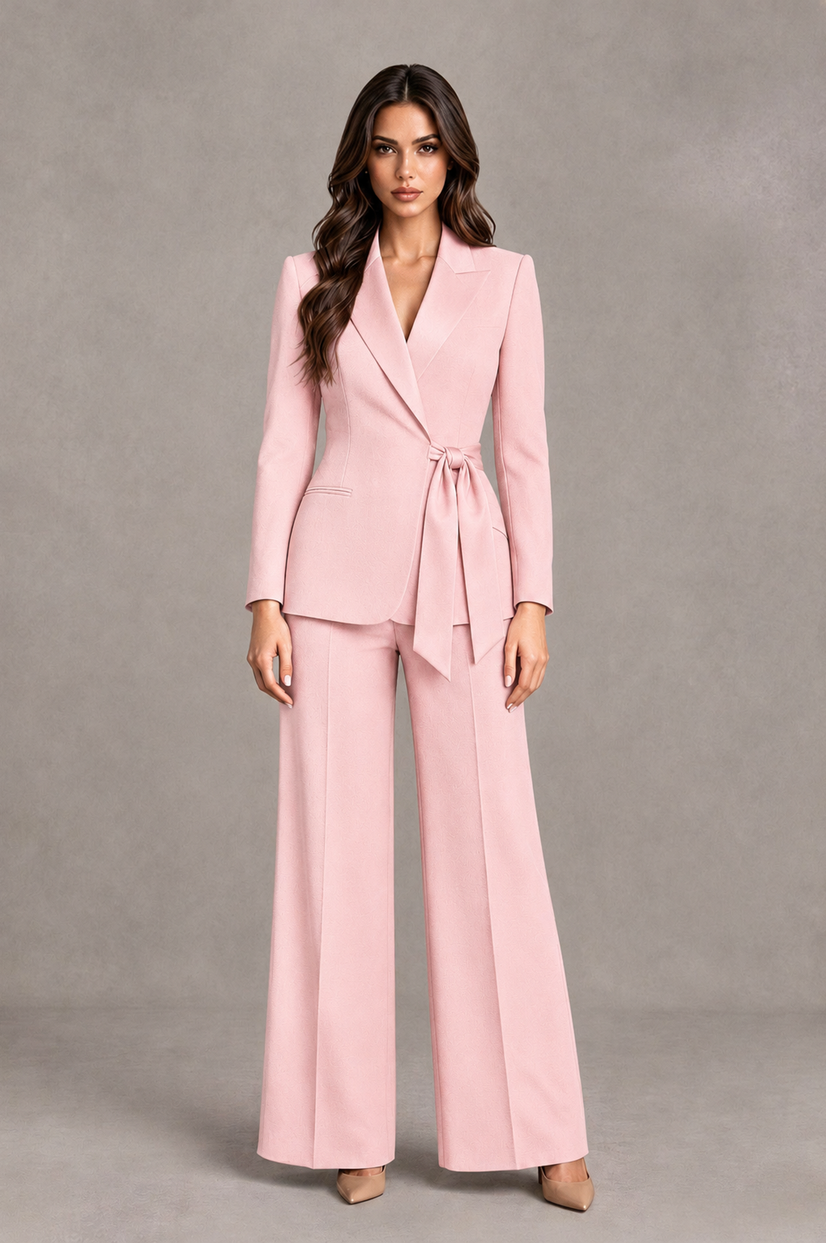 BOLODOO Blush Pink Tie-Waist Blazer & Wide-Leg Pantsuit - Blush Pink - Blush Pink_01