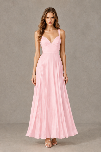 BOLODOO Blush Pink V-Neck Pleated Open-Back Maxi Dress - Blush Pink - Blush Pink_01
