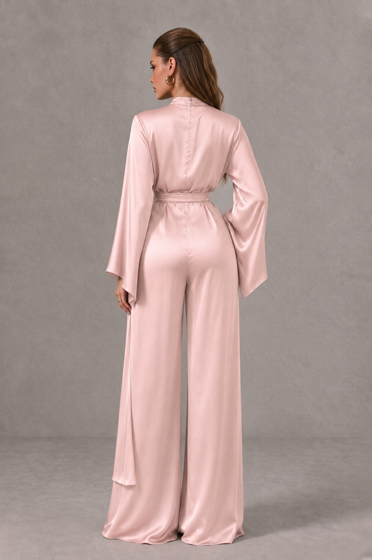 BOLODOO Blush Pink Satin-Look Long Sleeve Wide-Leg Jumpsuit - Blush Pink - Blush Pink_02