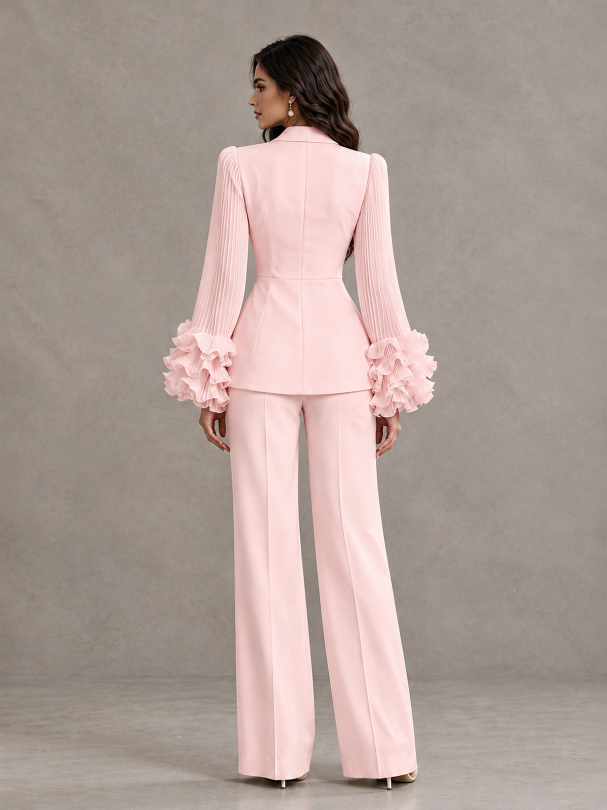BOLODOO Blush Pink Mother of the Bride Pant Suit – Pleated Long Sleeve Ruffle Cuff Wide Leg Trouser Suit - Blush Pink - Blush Pink_02