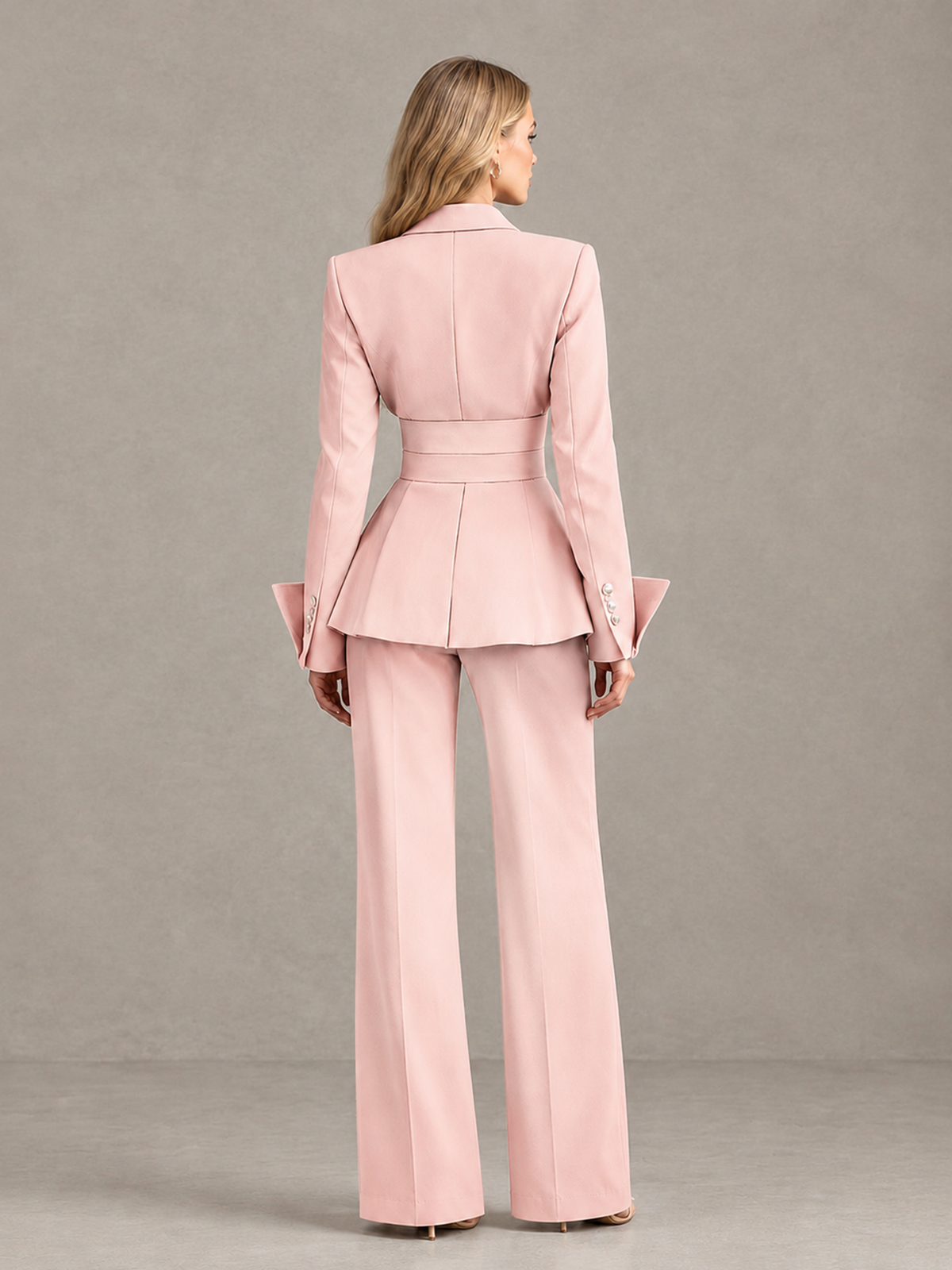 BOLODOO Blush Pink Belted Peplum Pantsuit with Long Sleeves & Wide-Leg Trousers - Blush Pink - Blush Pink_02