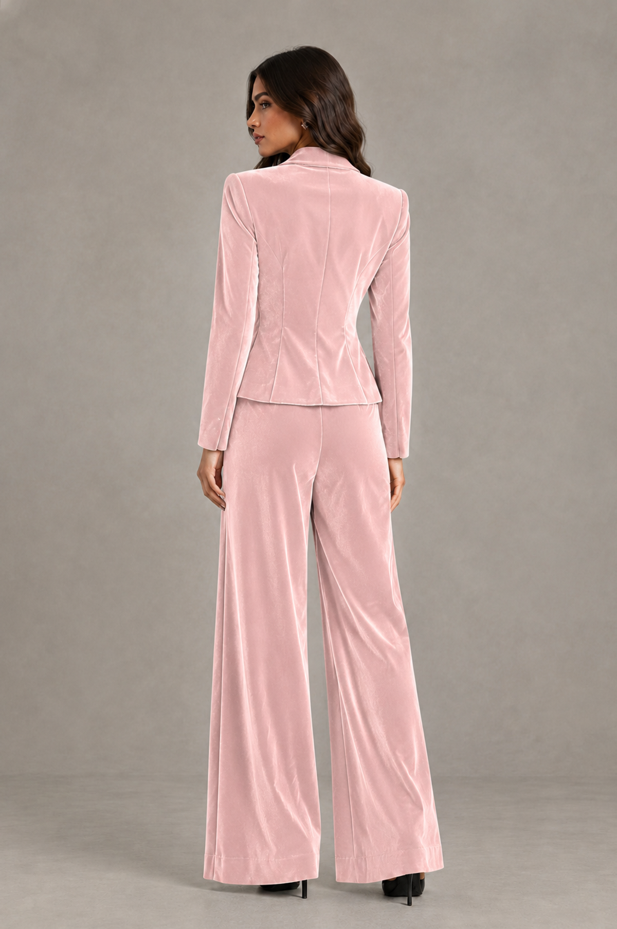 BOLODOO Blush Pink Velvet Two-Piece Pantsuit with Long Sleeve Blazer & Wide-Leg Trousers - Blush Pink - Blush Pink_02