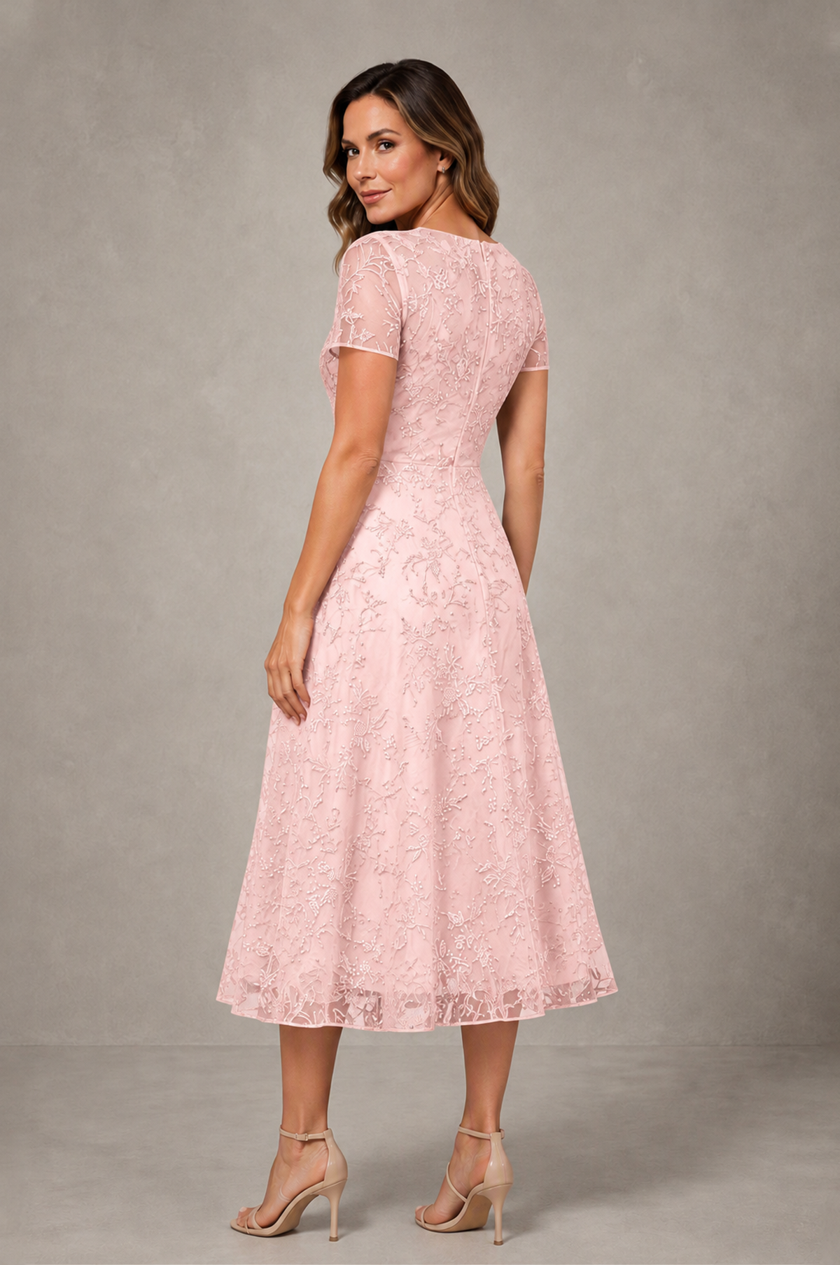 BOLODOO Blush Pink Textured Floral A-Line Dress with Short Sleeves - Blush Pink - Blush Pink_02