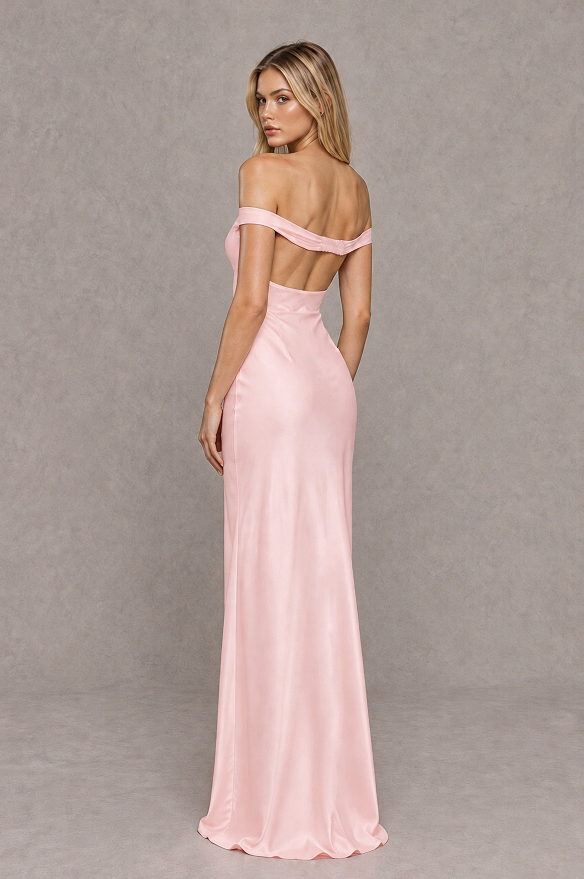 BOLODOO Blush Pink Off-Shoulder Open-Back Satin Evening Gown - Blush Pink - Blush Pink_02