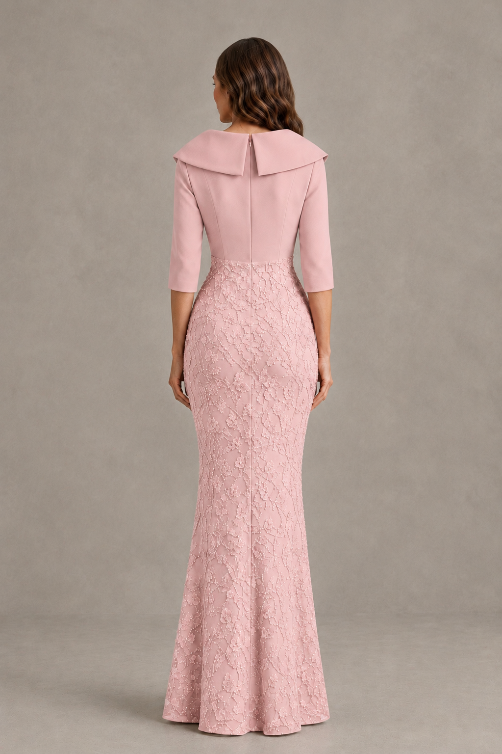 BOLODOO Blush Pink Three-Quarter Sleeve Mermaid Evening Dress with Floral Detail - Blush Pink - Blush Pink_02