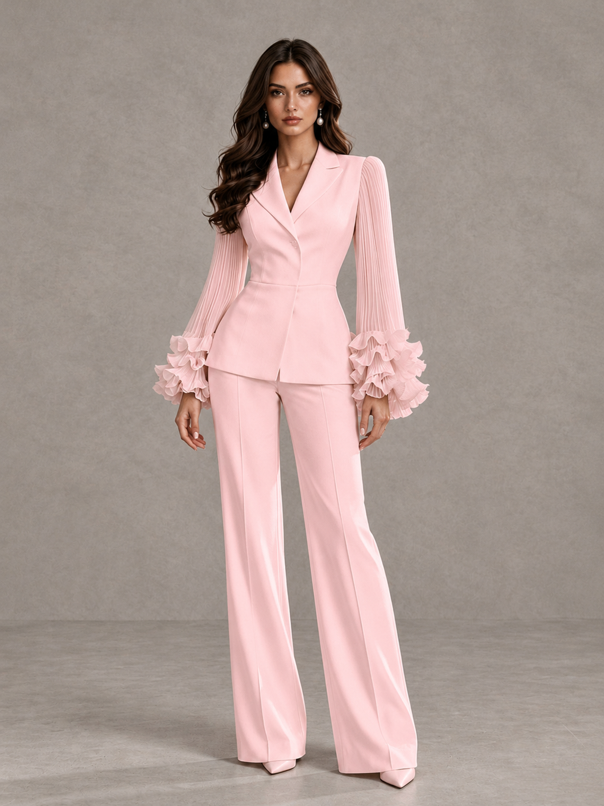 BOLODOO Blush Pink Mother of the Bride Pant Suit – Pleated Long Sleeve Ruffle Cuff Wide Leg Trouser Suit - Blush Pink - Blush Pink_03