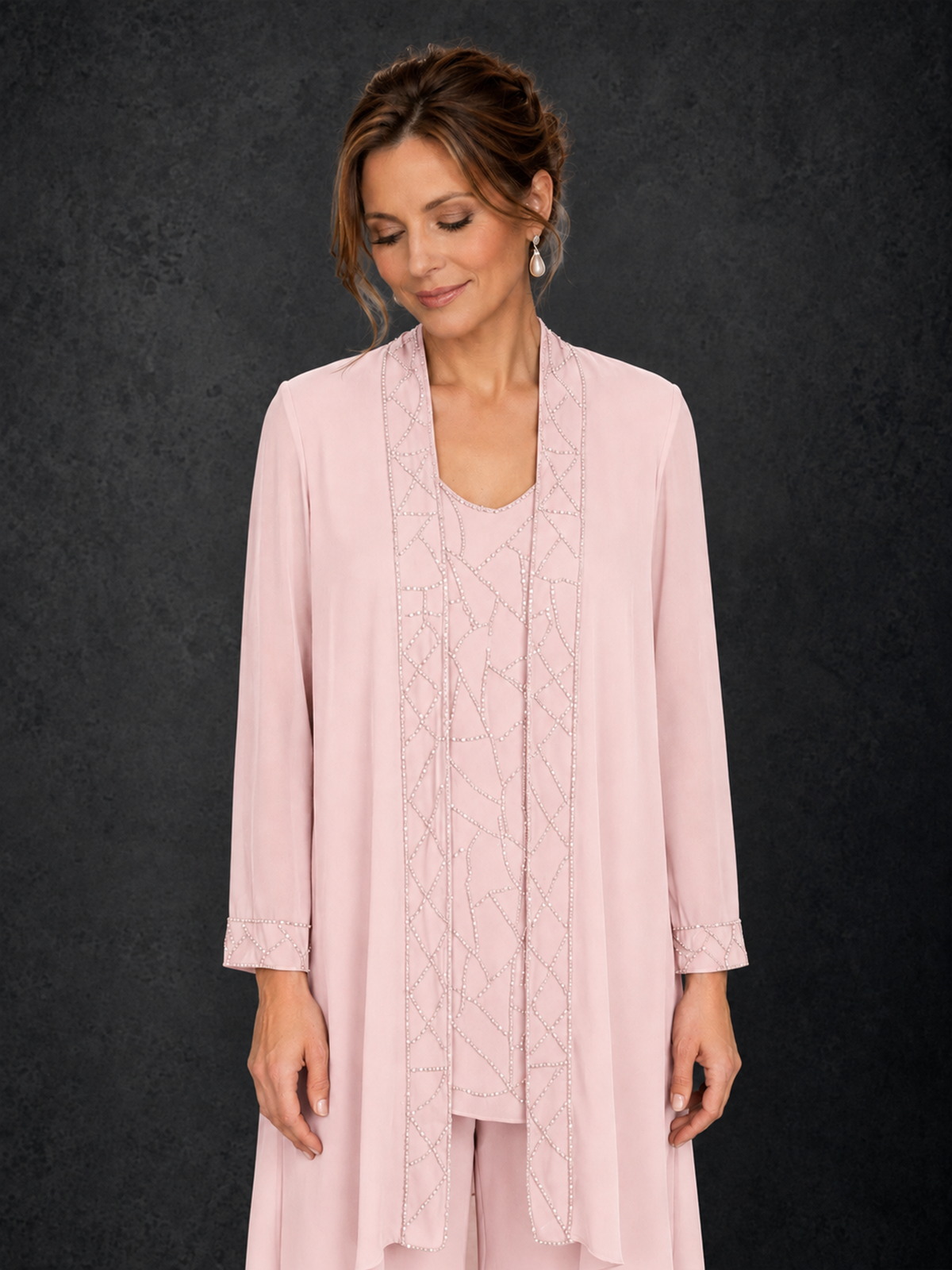 BOLODOO Blush Pink 3-Piece Beaded Chiffon Duster Jacket Pant Suit - Blush Pink - Blush Pink_03