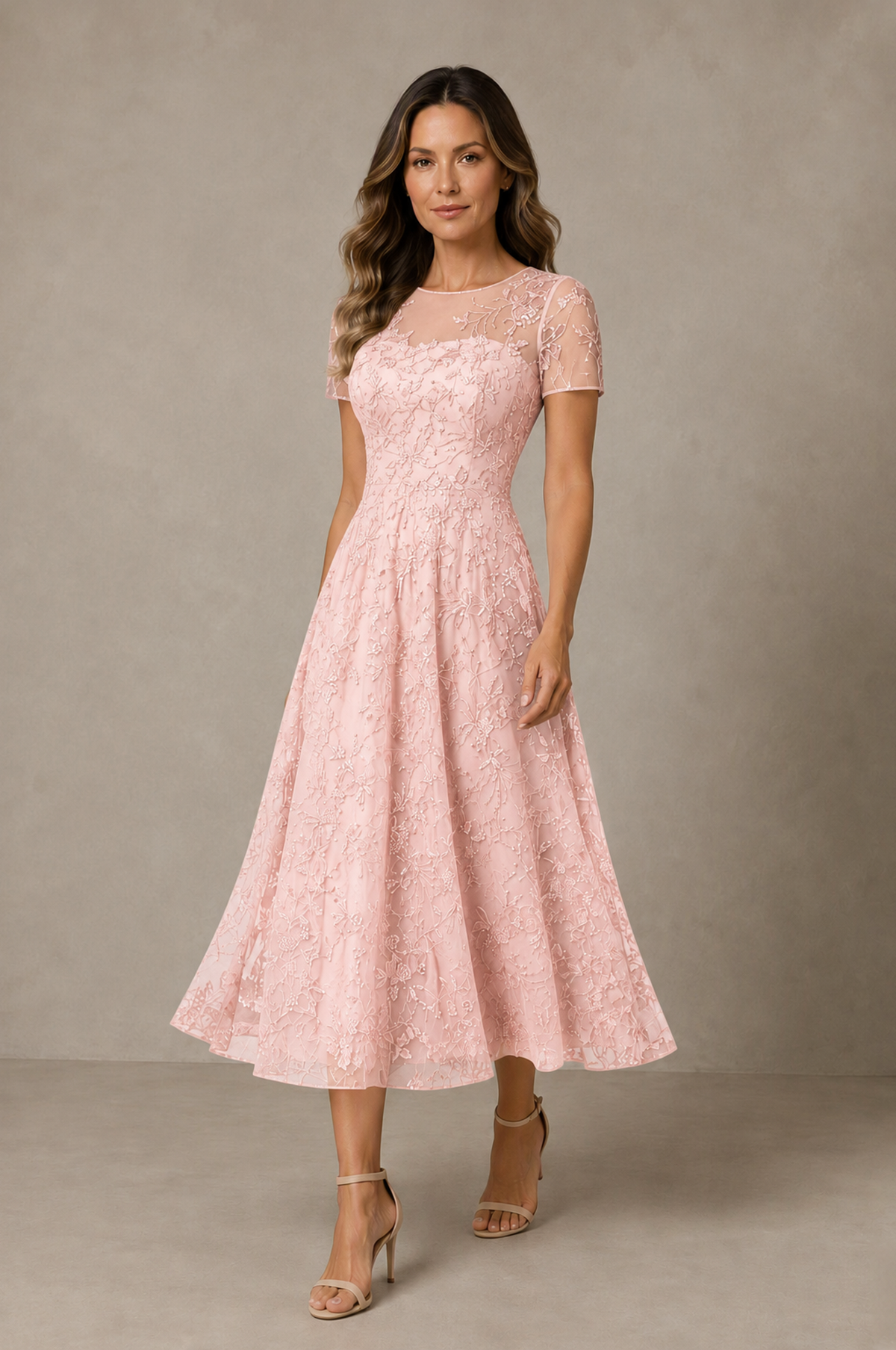 BOLODOO Blush Pink Textured Floral A-Line Dress with Short Sleeves - Blush Pink - Blush Pink_03