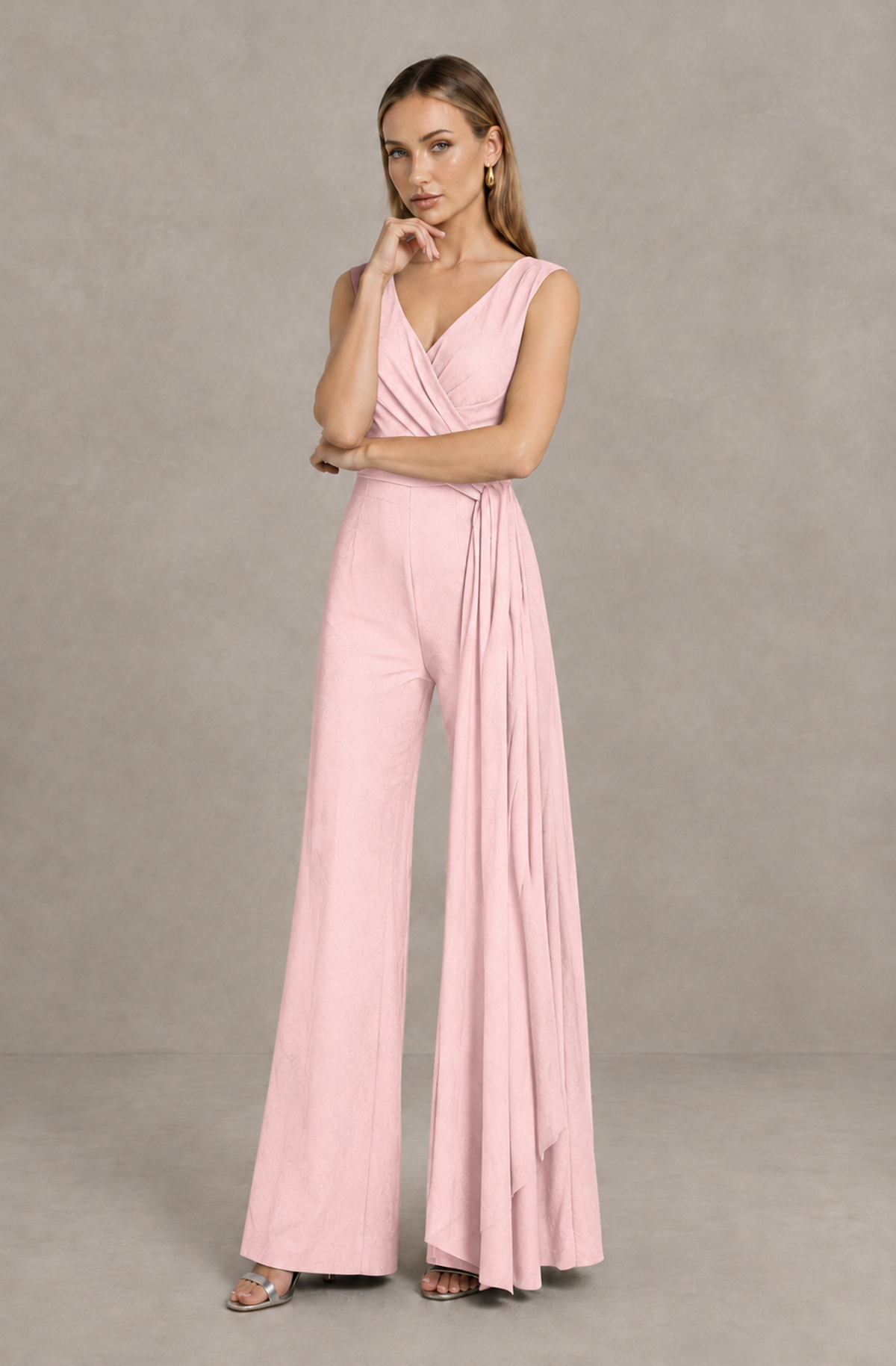 BOLODOO Blush Pink Sleeveless V-Neck Wide-Leg Jumpsuit with Side Drape - Blush Pink - Blush Pink_03