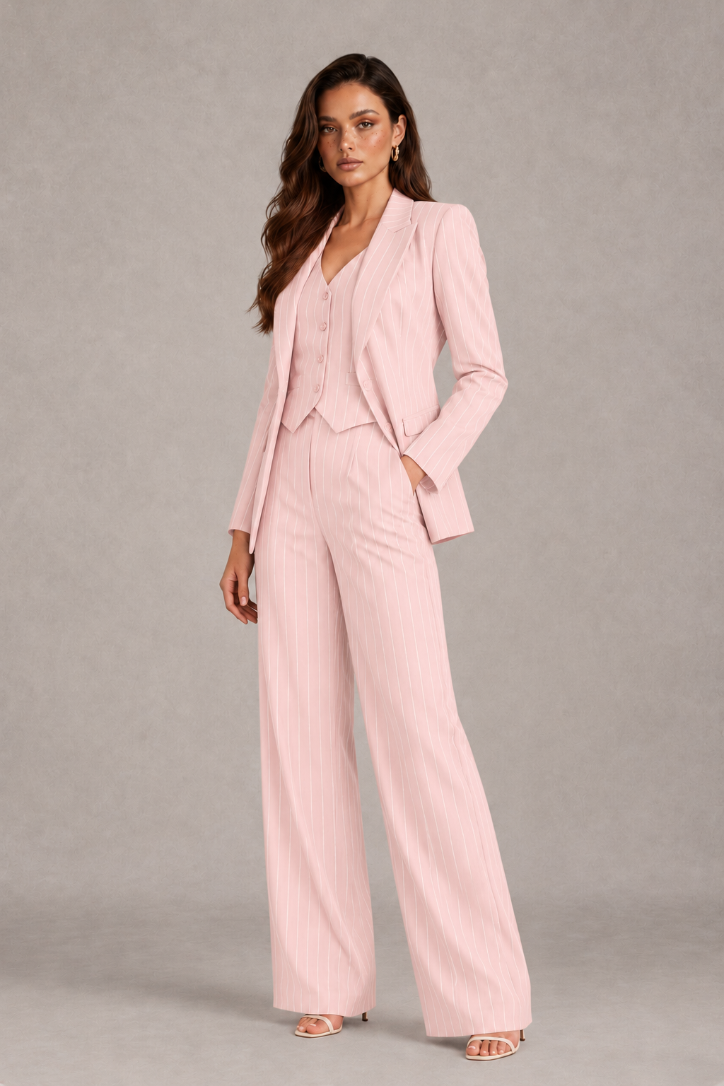 BOLODOO Women's Blush Pink Pinstripe Three-Piece Pantsuit with Wide-Leg Trousers - Blush Pink - Blush Pink_03