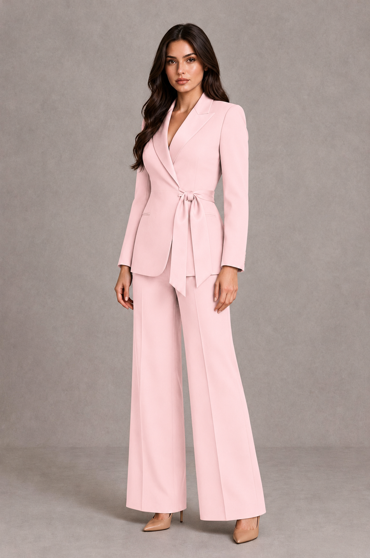 BOLODOO Blush Pink Tie-Waist Blazer & Wide-Leg Pantsuit - Blush Pink - Blush Pink_03