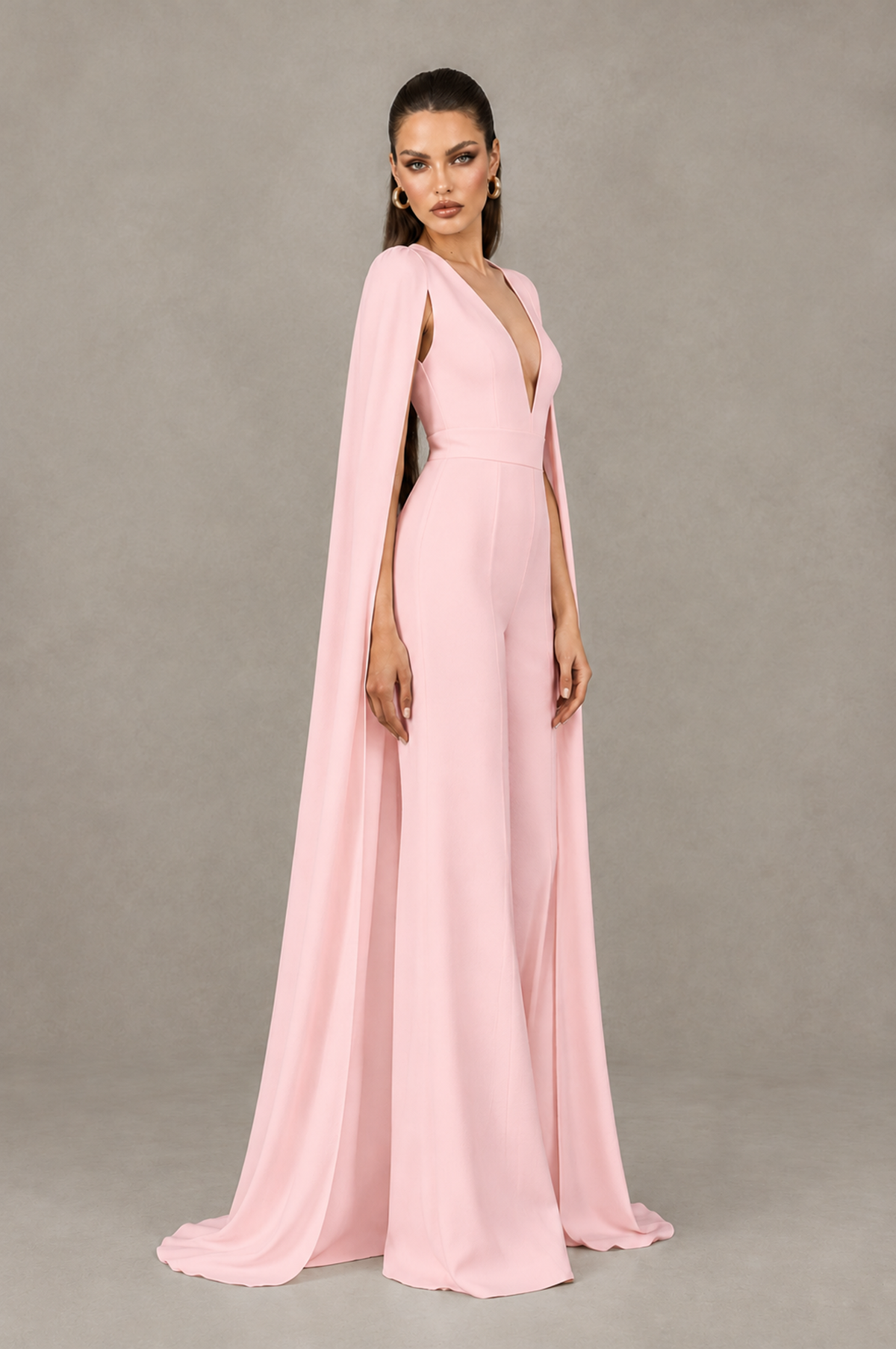 BOLODOO Blush Pink Deep V-Neck Cape Sleeve Bridal Jumpsuit - Blush Pink - Blush Pink_03