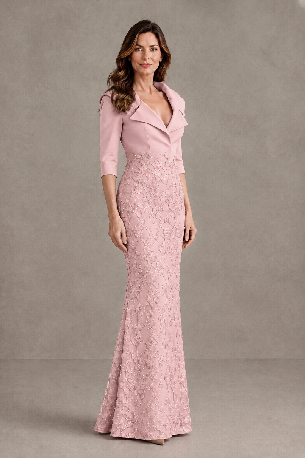 BOLODOO Blush Pink Three-Quarter Sleeve Mermaid Evening Dress with Floral Detail - Blush Pink - Blush Pink_03