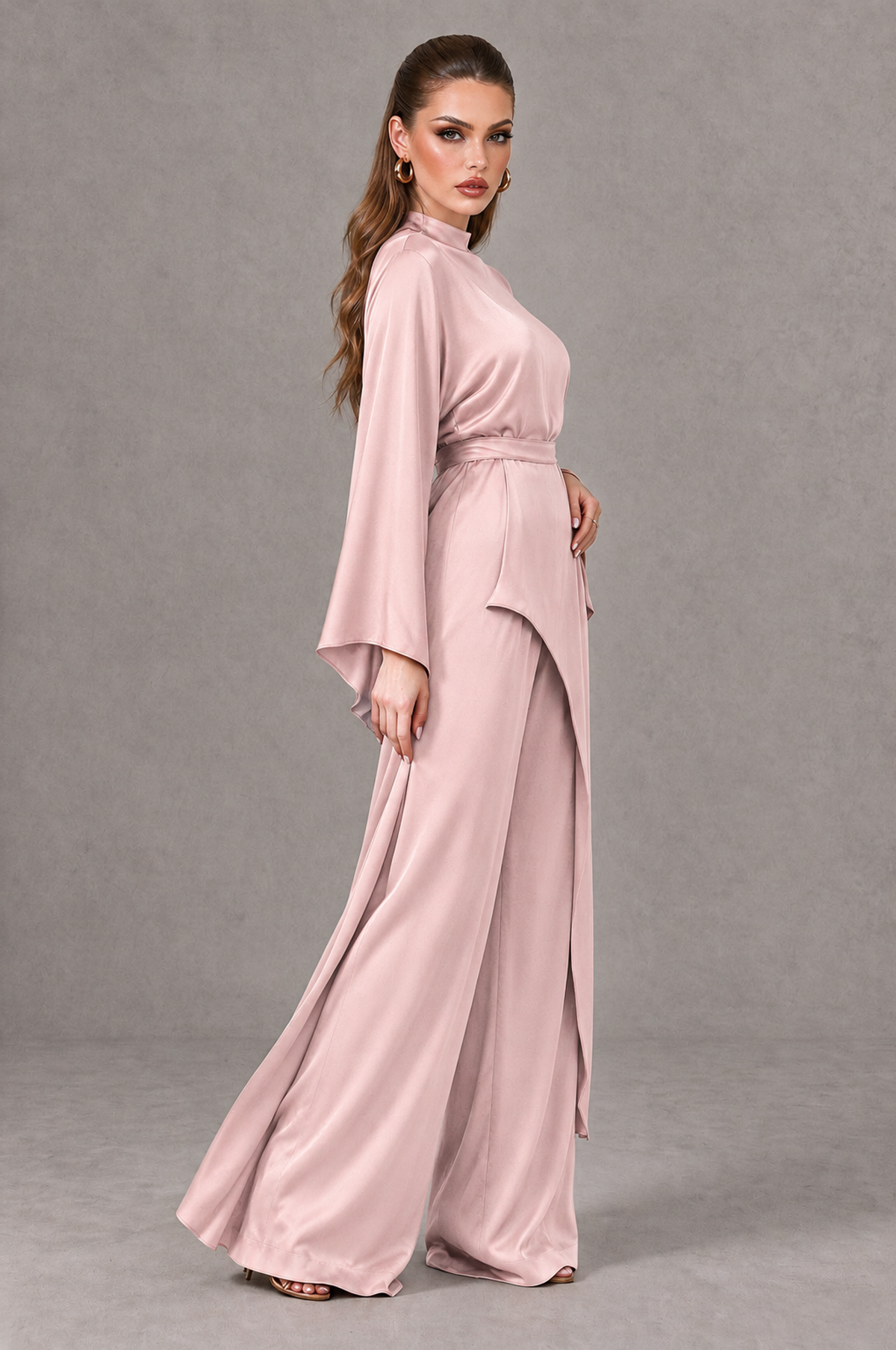 BOLODOO Blush Pink Satin-Look Long Sleeve Wide-Leg Jumpsuit - Blush Pink - Blush Pink_03