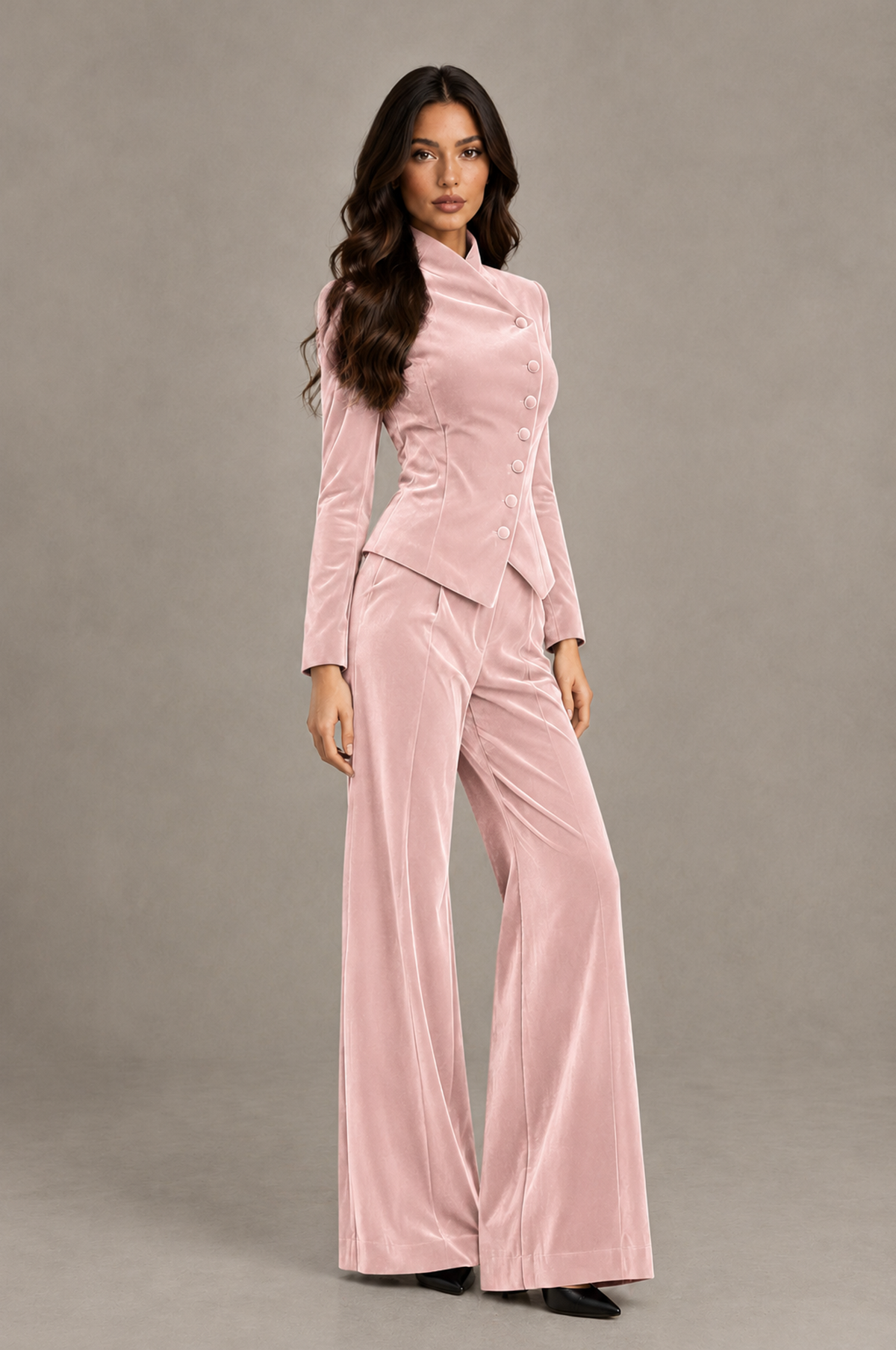 BOLODOO Blush Pink Velvet Two-Piece Pantsuit with Long Sleeve Blazer & Wide-Leg Trousers - Blush Pink - Blush Pink_03