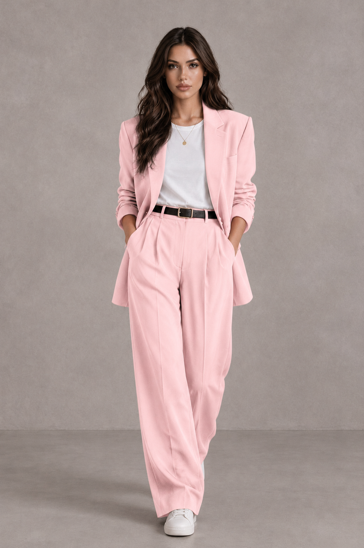 BOLODOO Blush Pink Brown Blazer & Wide-Leg Pants Suit for Women - Blush Pink - Blush Pink_04