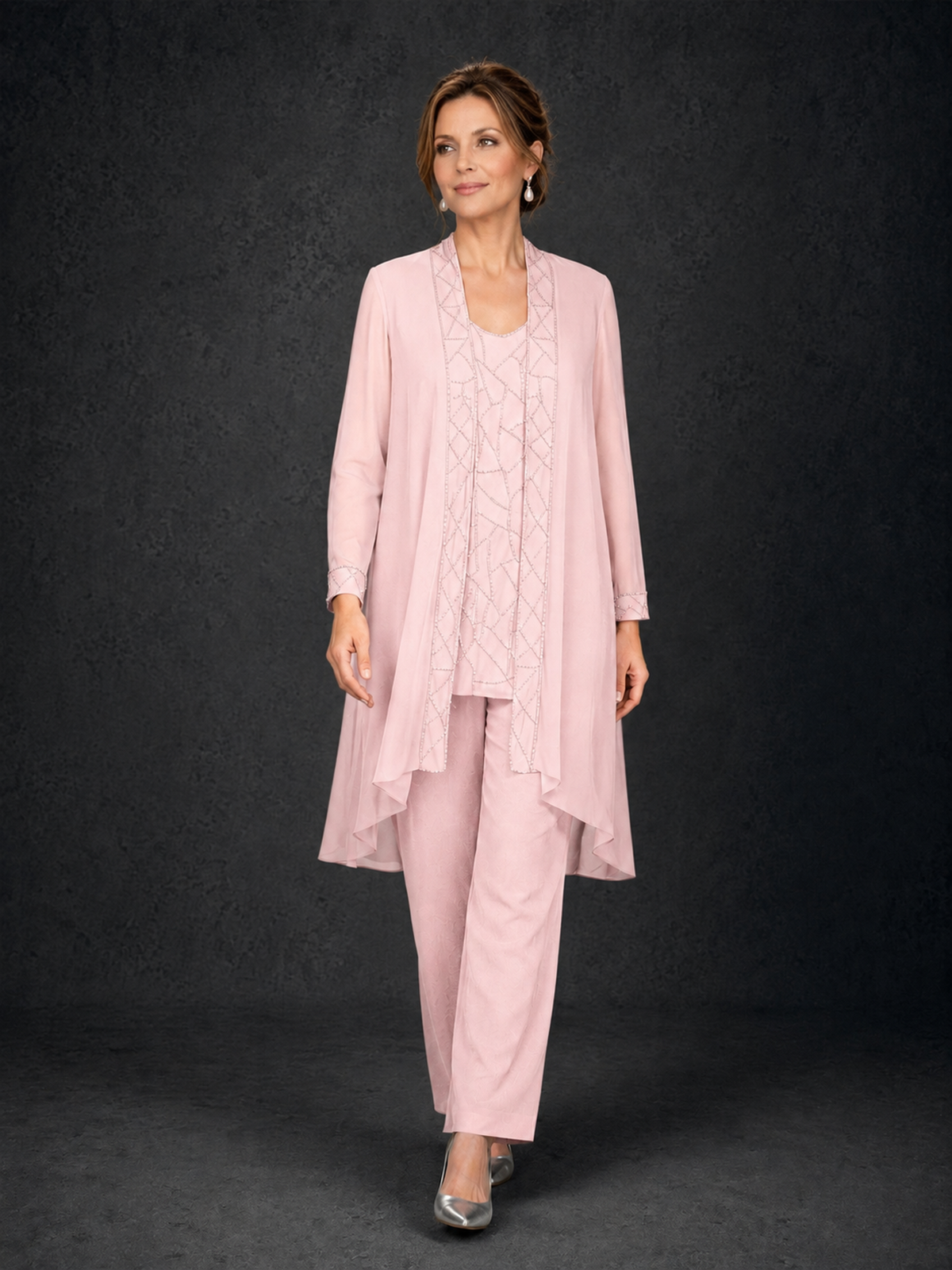 BOLODOO Blush Pink 3-Piece Beaded Chiffon Duster Jacket Pant Suit - Blush Pink - Blush Pink_04