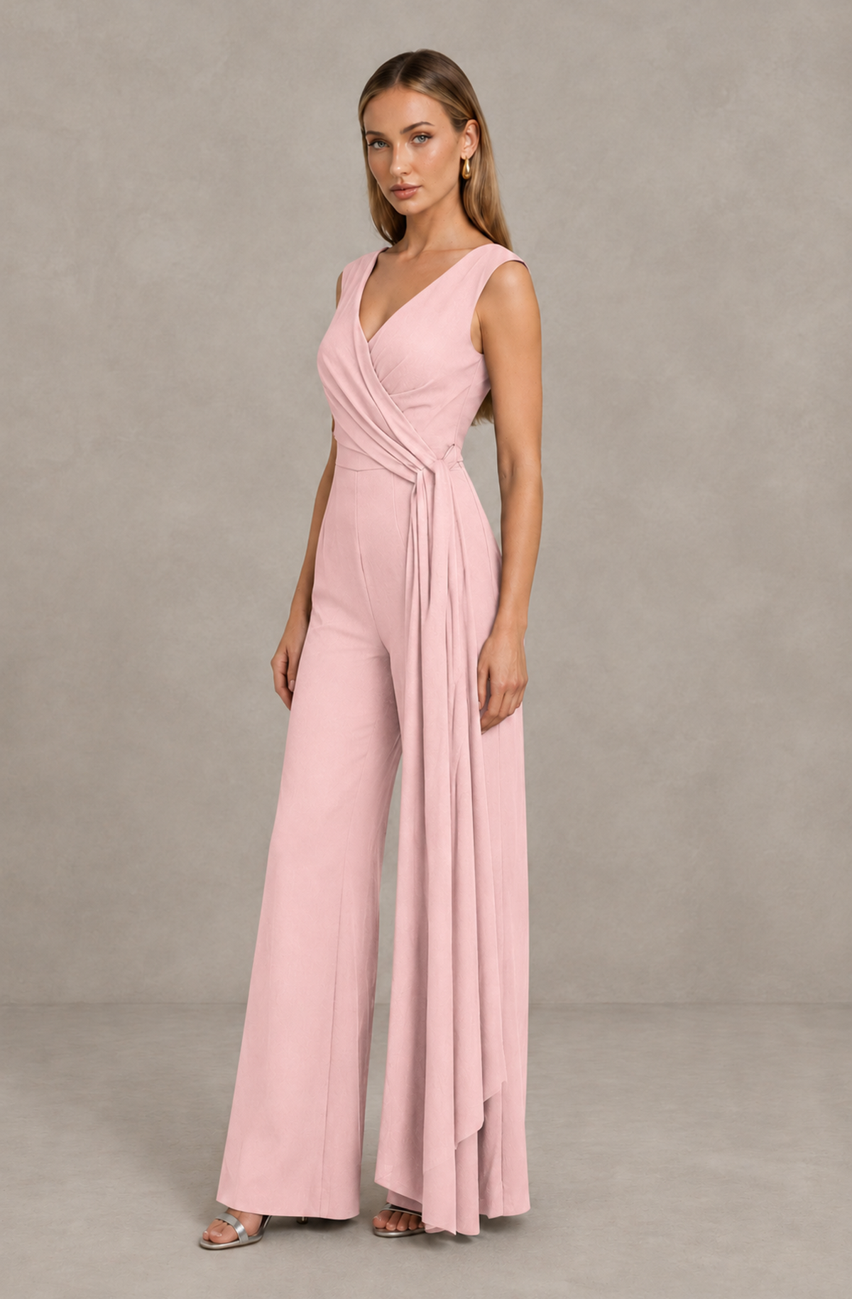 BOLODOO Blush Pink Sleeveless V-Neck Wide-Leg Jumpsuit with Side Drape - Blush Pink - Blush Pink_04